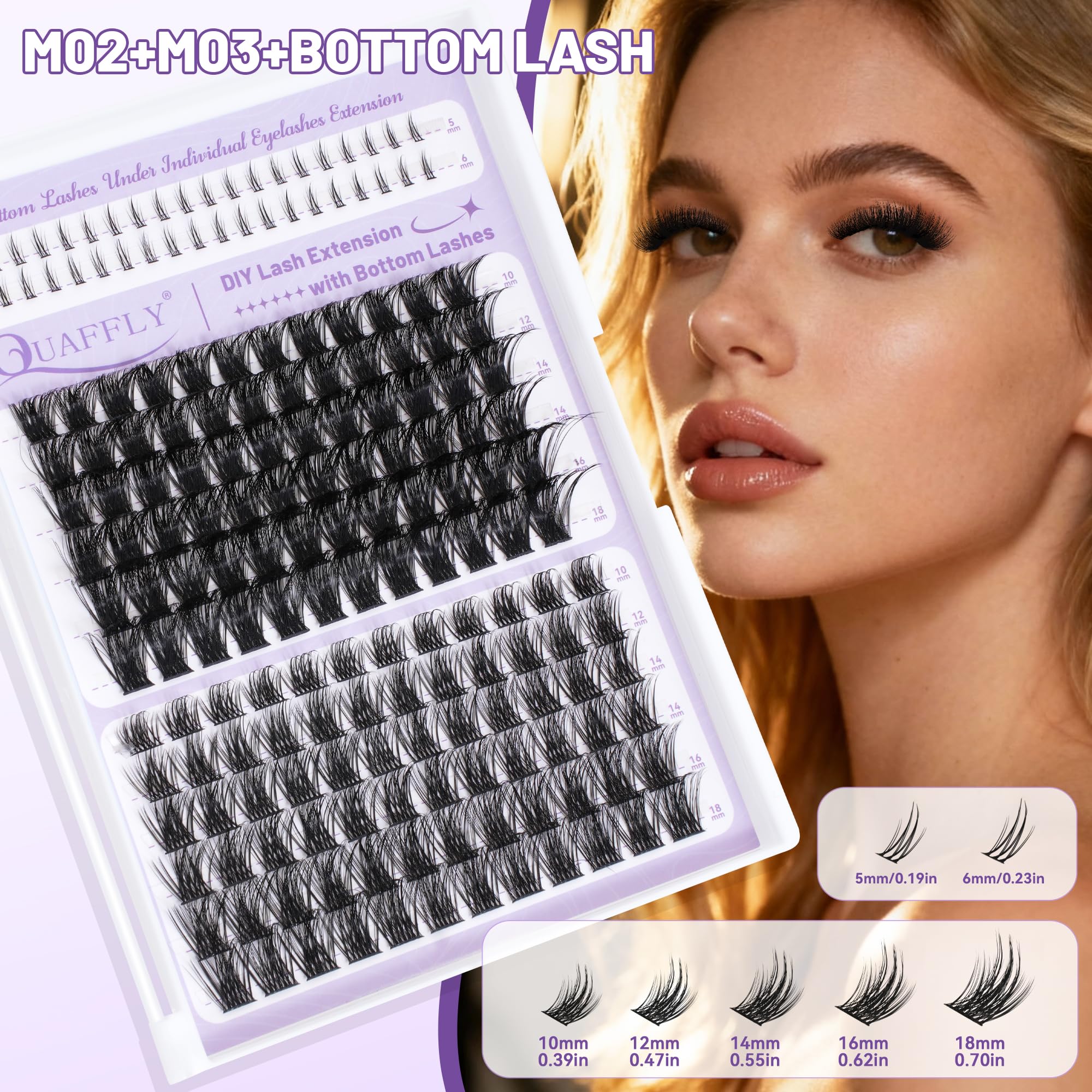 QUAFFLY DIY Eyelash Extension Kit 1042pcs Mixed 5-18mm Eyelash Extension Kit with Bottom Lashes Multi-Type Lash Clusters with Bond and Seal*2 Remover Tweezer Brush and Mascara Shield DIY At Home 5