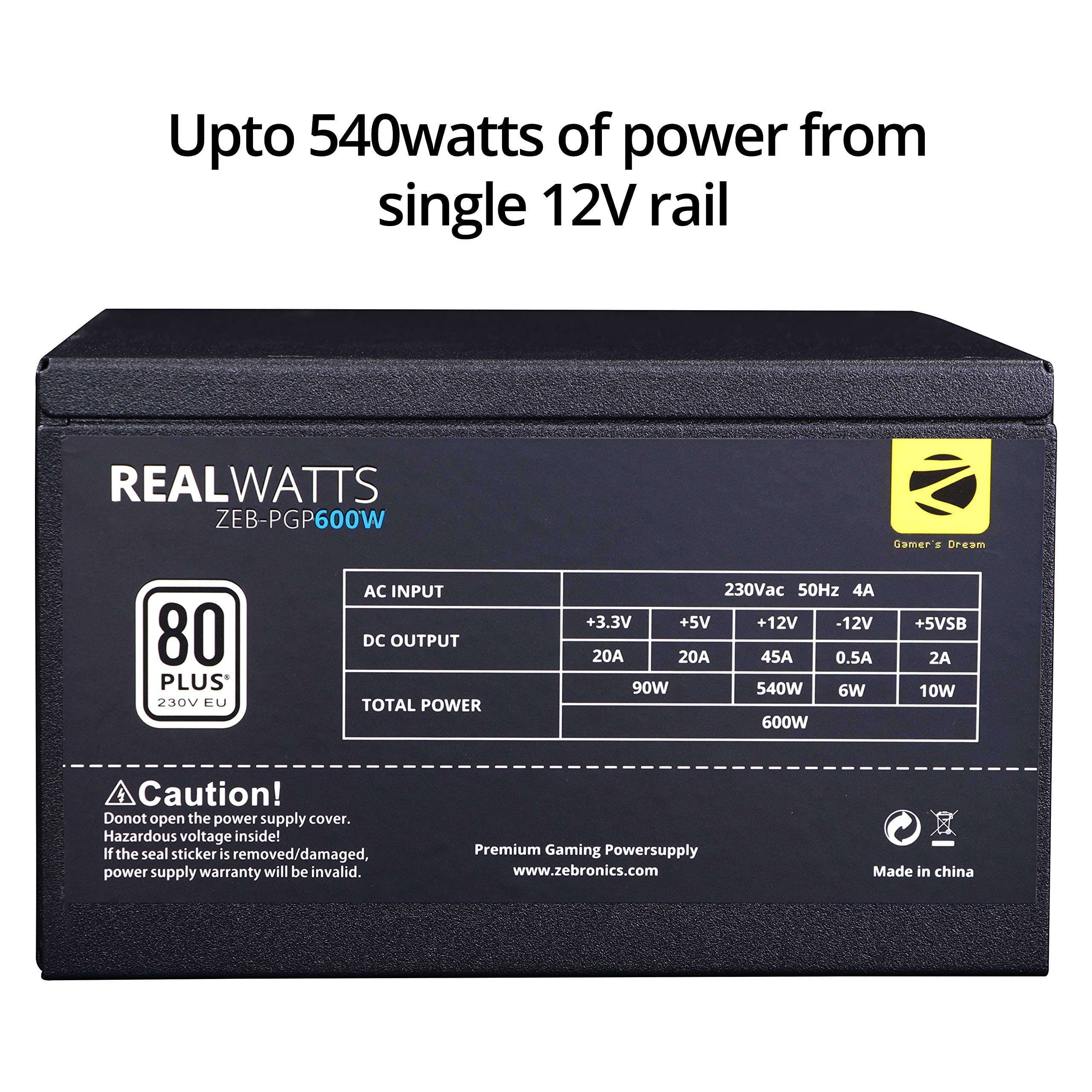 Zebronics Gaming High efficiency 600watts power supply with 80+ certification, comes with dual PCIe and long cables - PGP600W 3