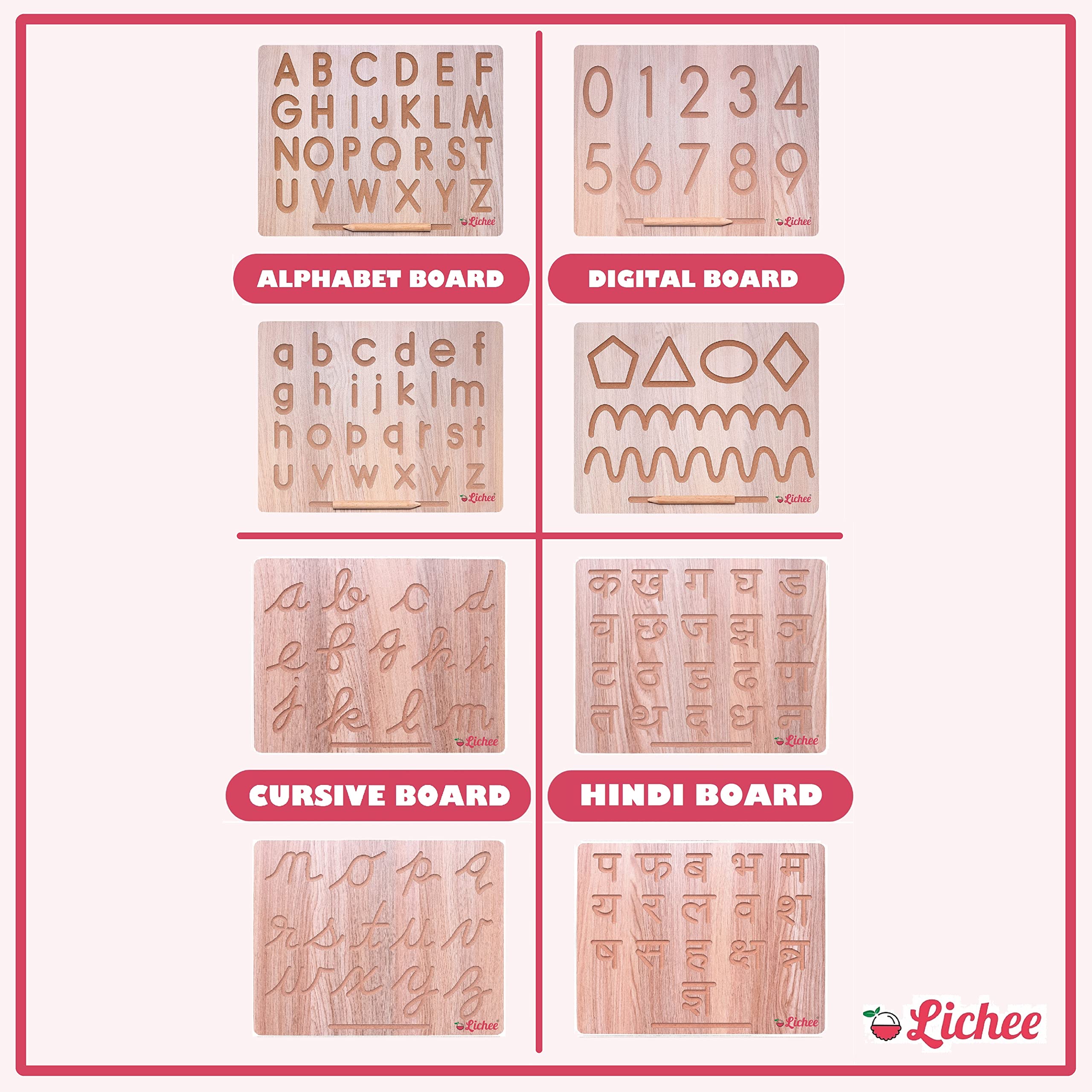 Lichee® Capital & Small, Cursive, Hindi Alphabet, Number & Patten Board | Learning and Educational Board Toys for 2+ Years Old Kids 3