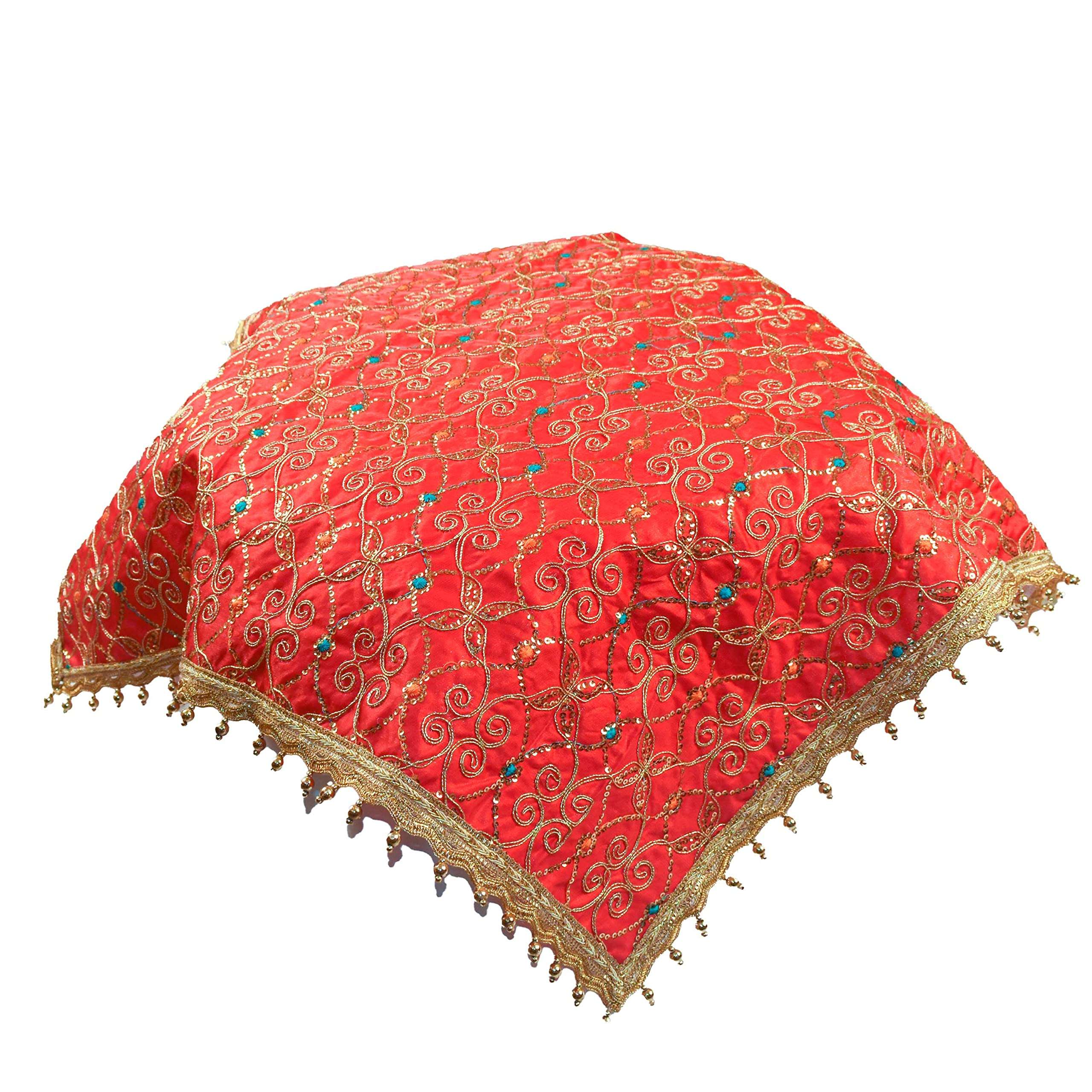DLC 24 x 24 inch Large Multipurpose Altar Cloth, Red Puja Cloth for decoration, Golden moti drop Silk mat for home temple, Ornamental Pooja aasan with heavy work 6