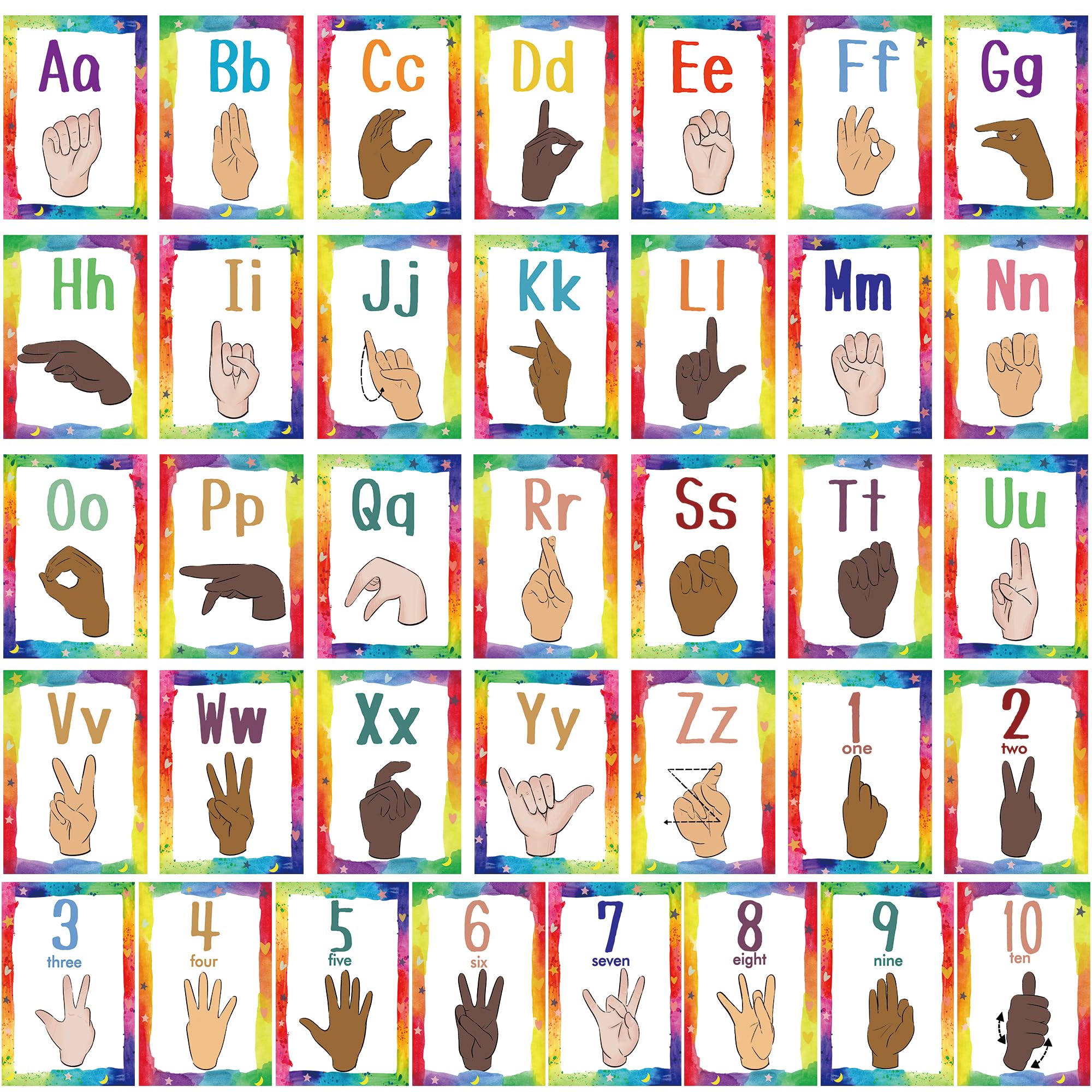 Sign Language Bulletin Board Letters - 36 ASL Alphabet Learning ABC Alphabet Poster Classroom Decor Cards Set Kindergarten/Primary School Classroom Wall Decor Daycare/Homeschool Supplies (Colorful) 2