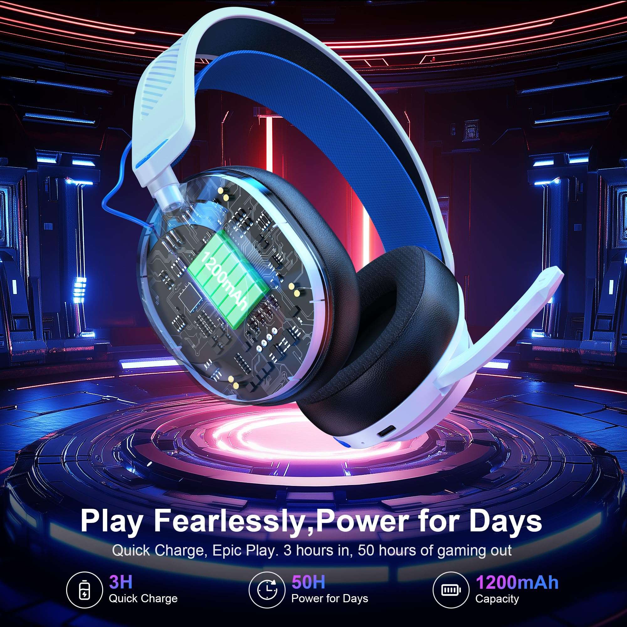 Vakedy HW10 Wireless Gaming Headset for PS5,PS4,PC,2.4GHz Bluetooth Gaming Headphones with Noise Cancelling Microphone,50Hr Battery Gamer Headset for Switch, Laptop,Mobile,Mac,Cool RGB (White/Blue) 6