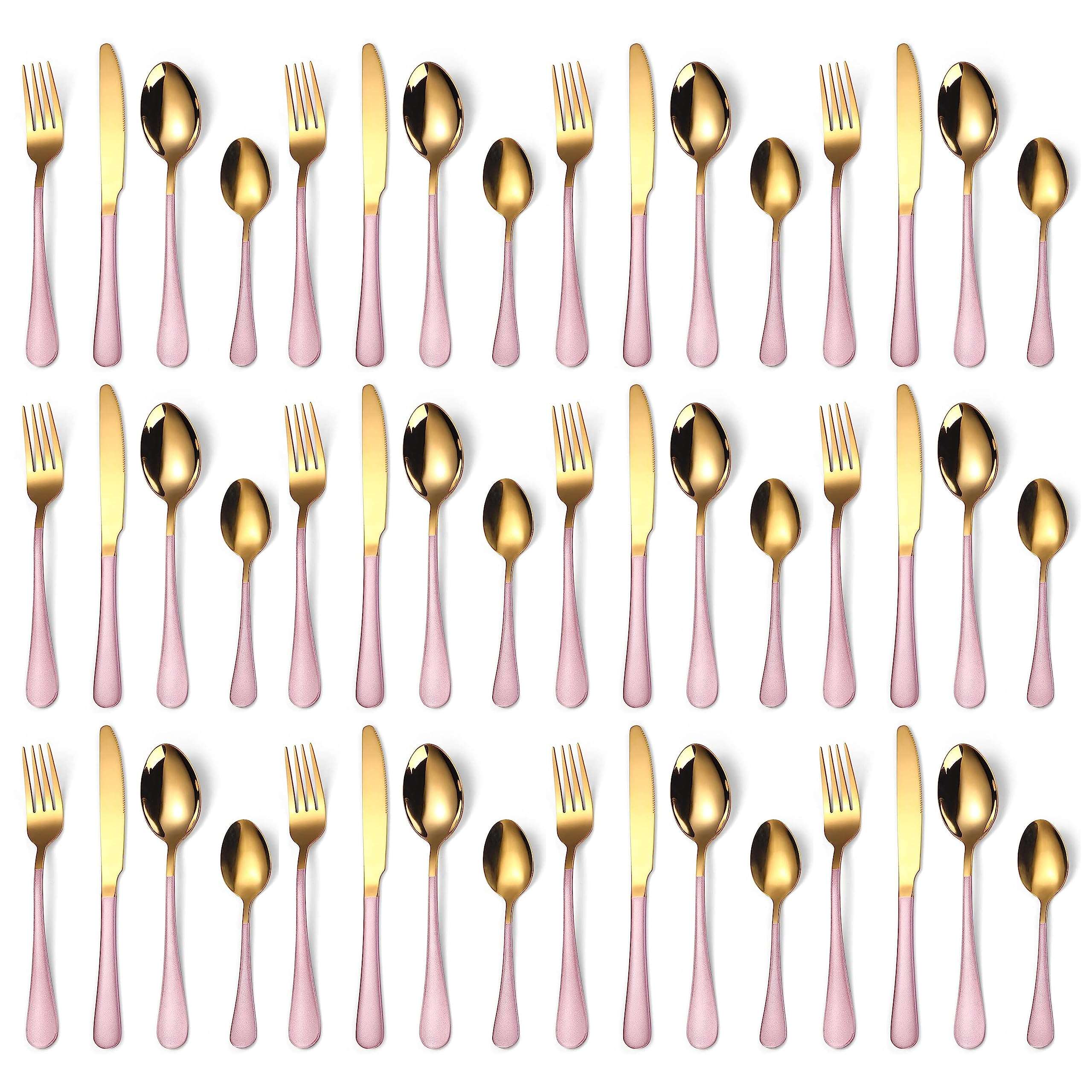 KitchAntique Set of 48 Premium Gold Cutlery with Pink Handle | Stainless Steel Flatware, 12 Dinner Spoons, 12 Forks, 12 Butter Knives, 12 Teaspoons | Reusable for Home & Corporate Gifting 1