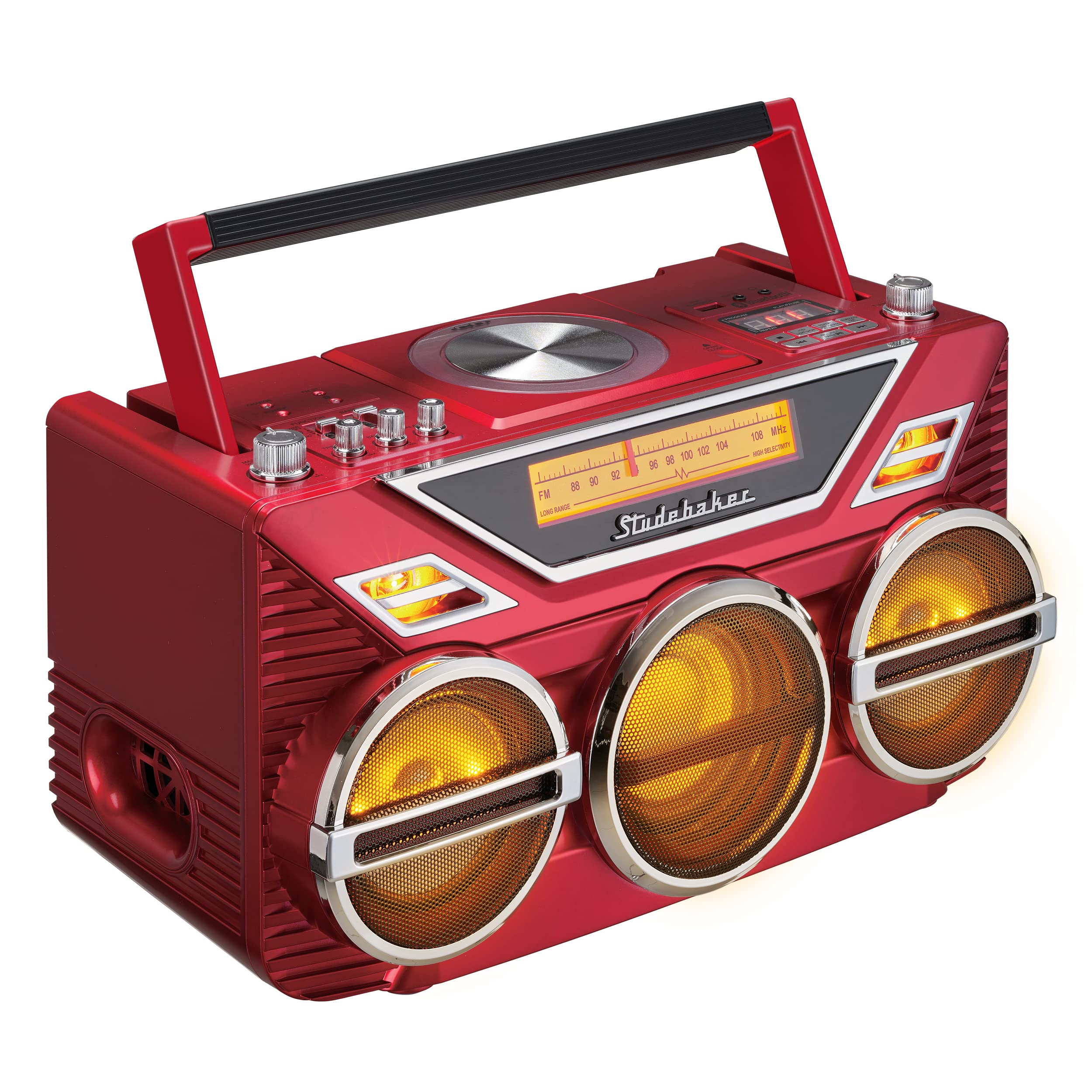 Retro Studebaker Avanti Stereo Boombox with CD, FM Stereo Radio, Bluetooth Receive and Transmit, LED Light Show and 15W Subwoofer for High Power Bass (Red) 3