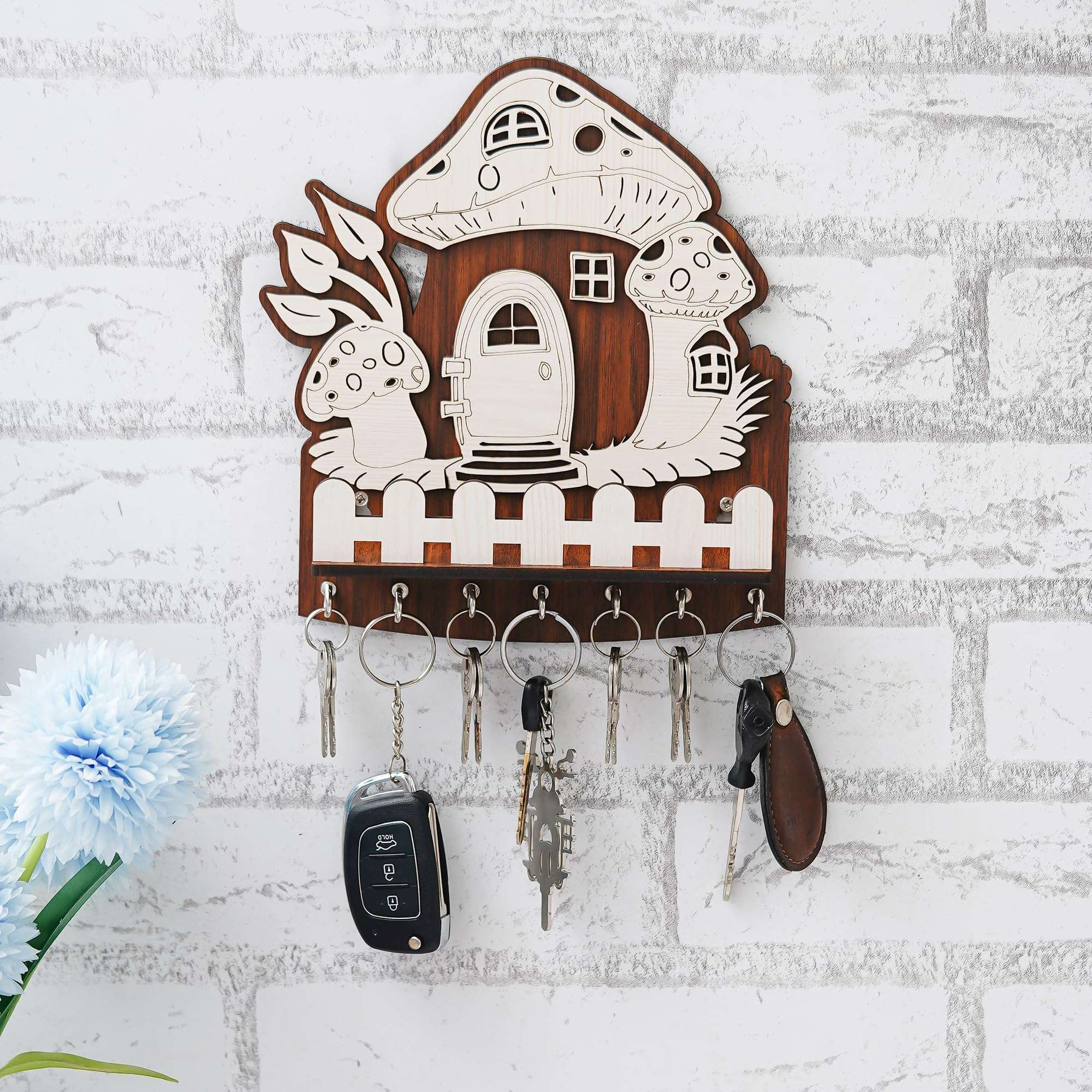 Webelkart Premium Wooden Mashrom Designer Key Holder for Home and Office Decor | Key Holder for Wall Decor |Key Hanger with Showpiece Stand - Diwali Decorations Items for Home (8.5" Inches) 1