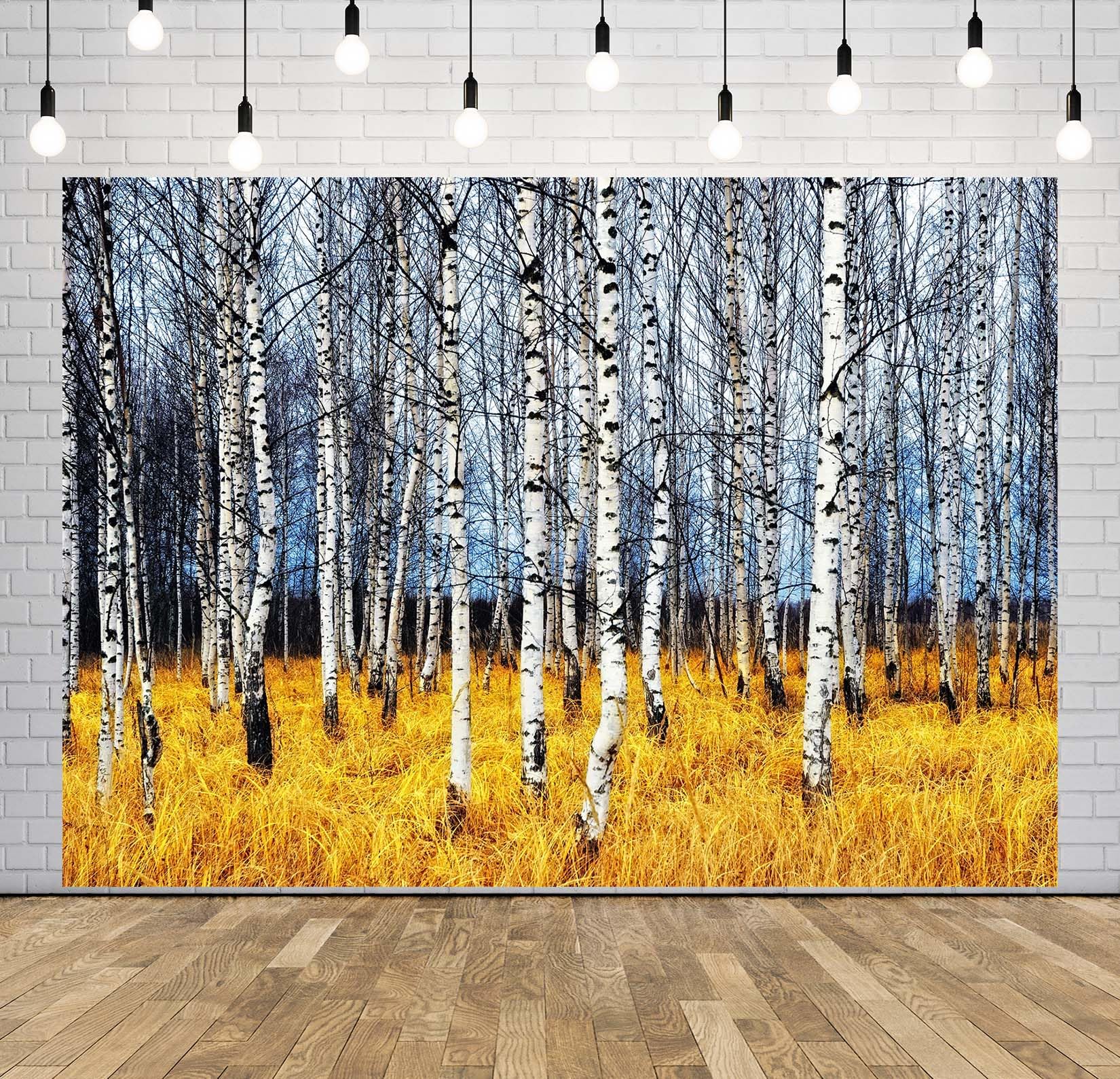 CORFOTO Autumn Forest White Birch Trees Backdrop Fabric 17x10ft Orange Grass Bare Trunk Nature Scene Background for Fall Scenery Birthday Party Decorations Baby Shower Halloween Photoshoot Props 4