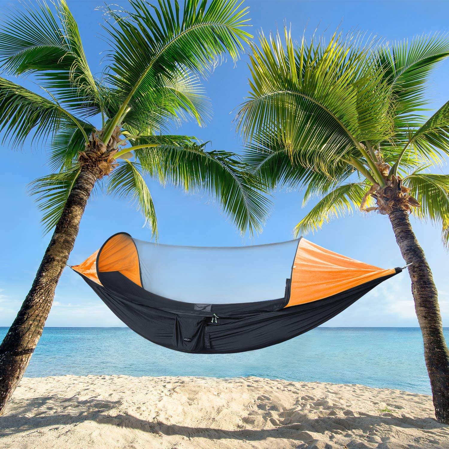 DOLPHY Portable Nylon Camping Hammock with Mosquito Net (Black, Orange ) 5