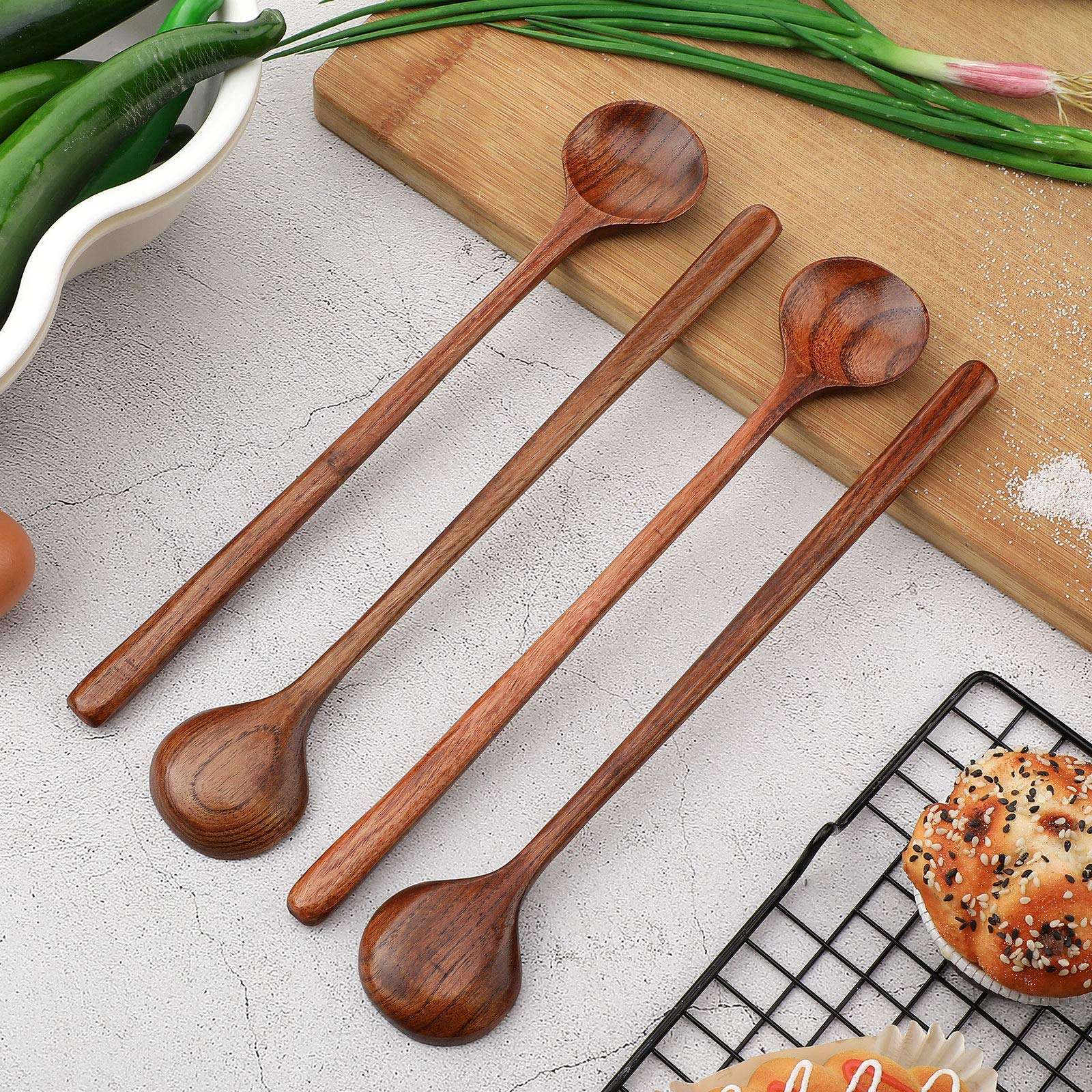 Patelai 6 Pcs 11 Inch Wood Long Spoons Wooden Long Handle Round Scoops Korean Style Soup Spoons for Soup Cooking Mixing Stirring Kitchen Tools Utensils(Brown) 5