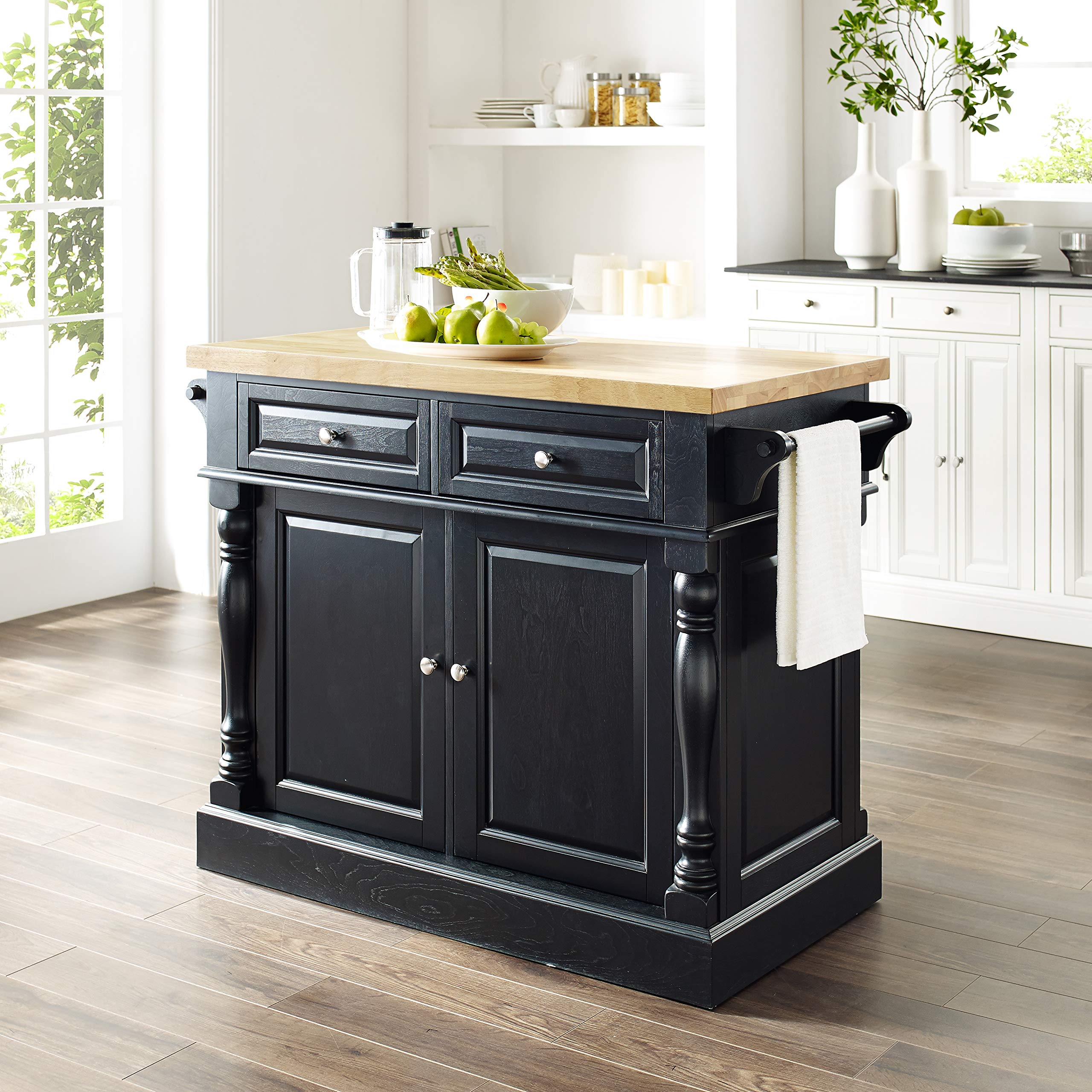 Crosley Furniture Oxford Butcher Block Kitchen Island, Microwave Stand, with Storage Shelves and Drawers, Black 6