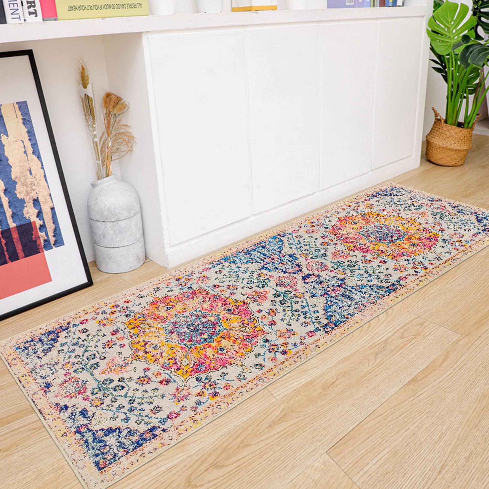 Boho Washable Runner Rug 2x6 Persian Kitchen Mat Rubber Backed Throw Rugs Low Pile Iranian Rug Runners for Hallways 6ft Non Slip Bedroom Laundry Rug 5