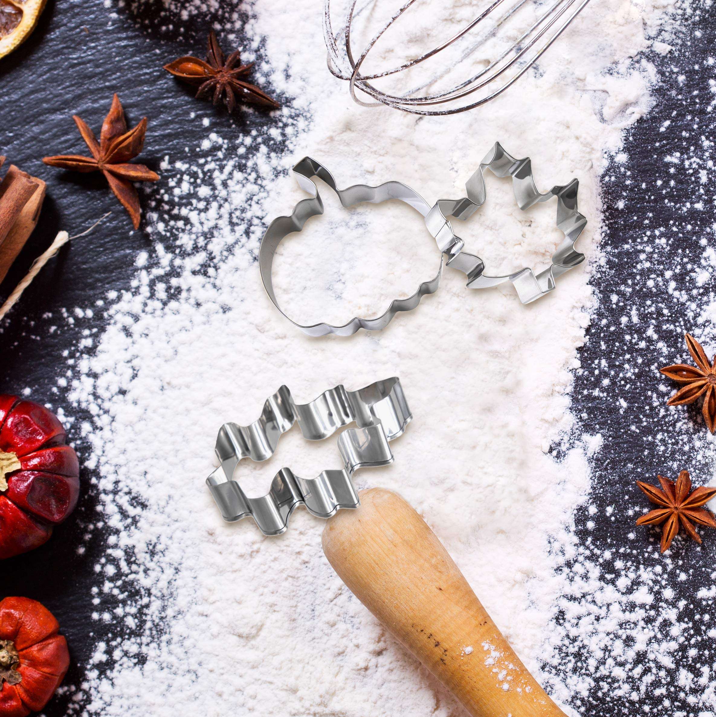 8PCS Large Fall Thanksgiving Cookie Cutter Set - Turkey, Pumpkin, Maple/Oak/Teardrop Leaf, Squirrel and Acorn 3