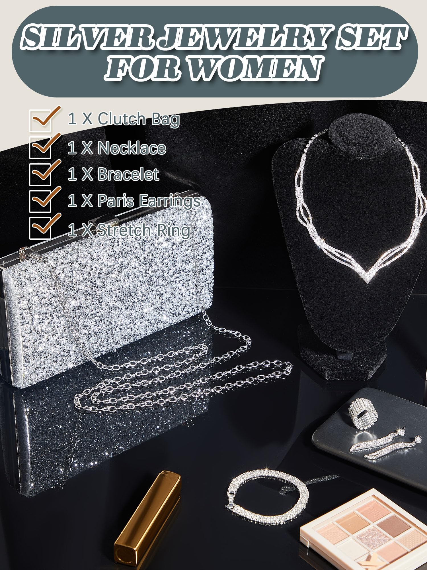 Henoyso 5 Pcs Purse Rhinestone Jewelry Set Rhinestone Clutch Purse Bride Prom Jewelry Necklace Earrings Bracelets for Women (One Side, Graceful Style) 5