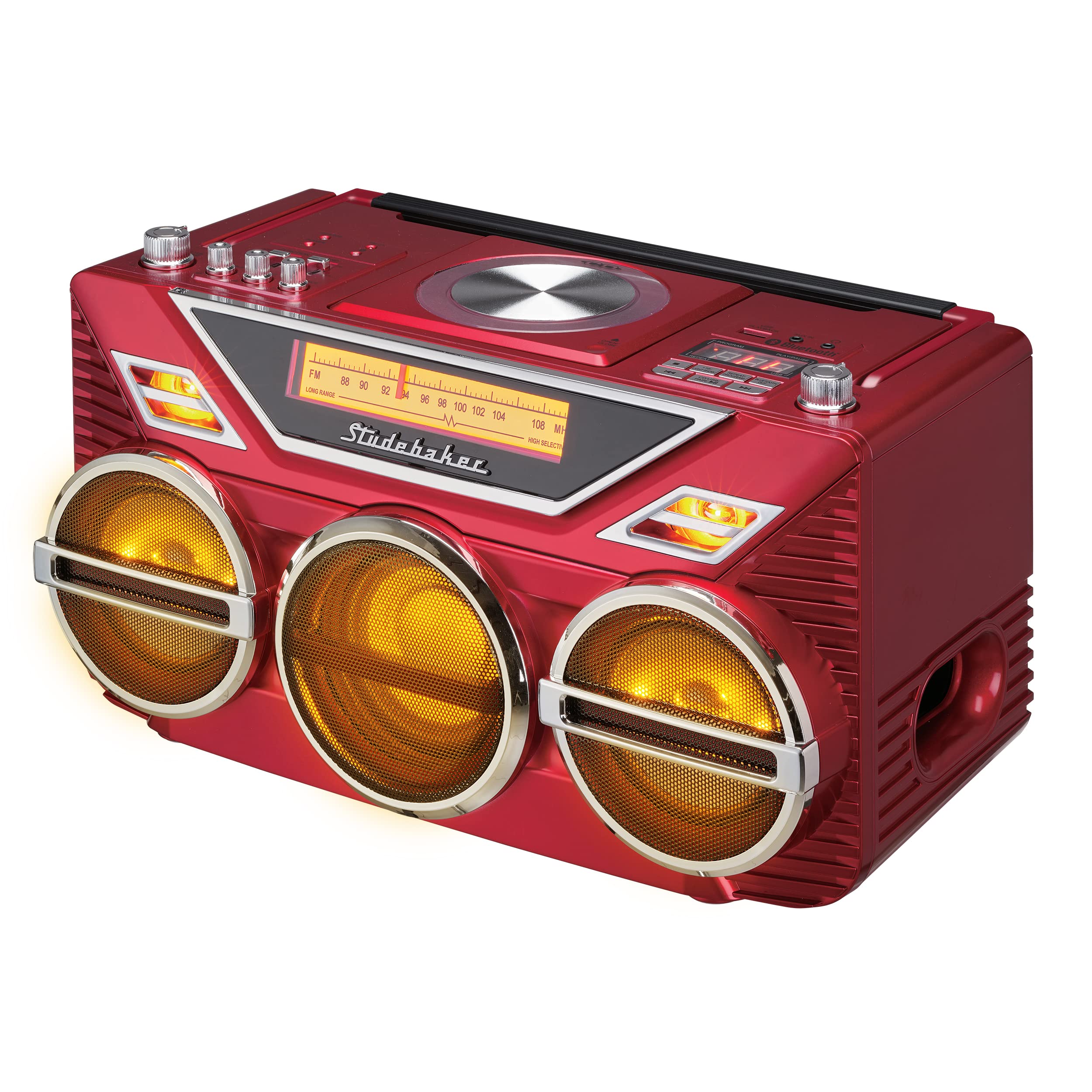 Retro Studebaker Avanti Stereo Boombox with CD, FM Stereo Radio, Bluetooth Receive and Transmit, LED Light Show and 15W Subwoofer for High Power Bass (Red) 2