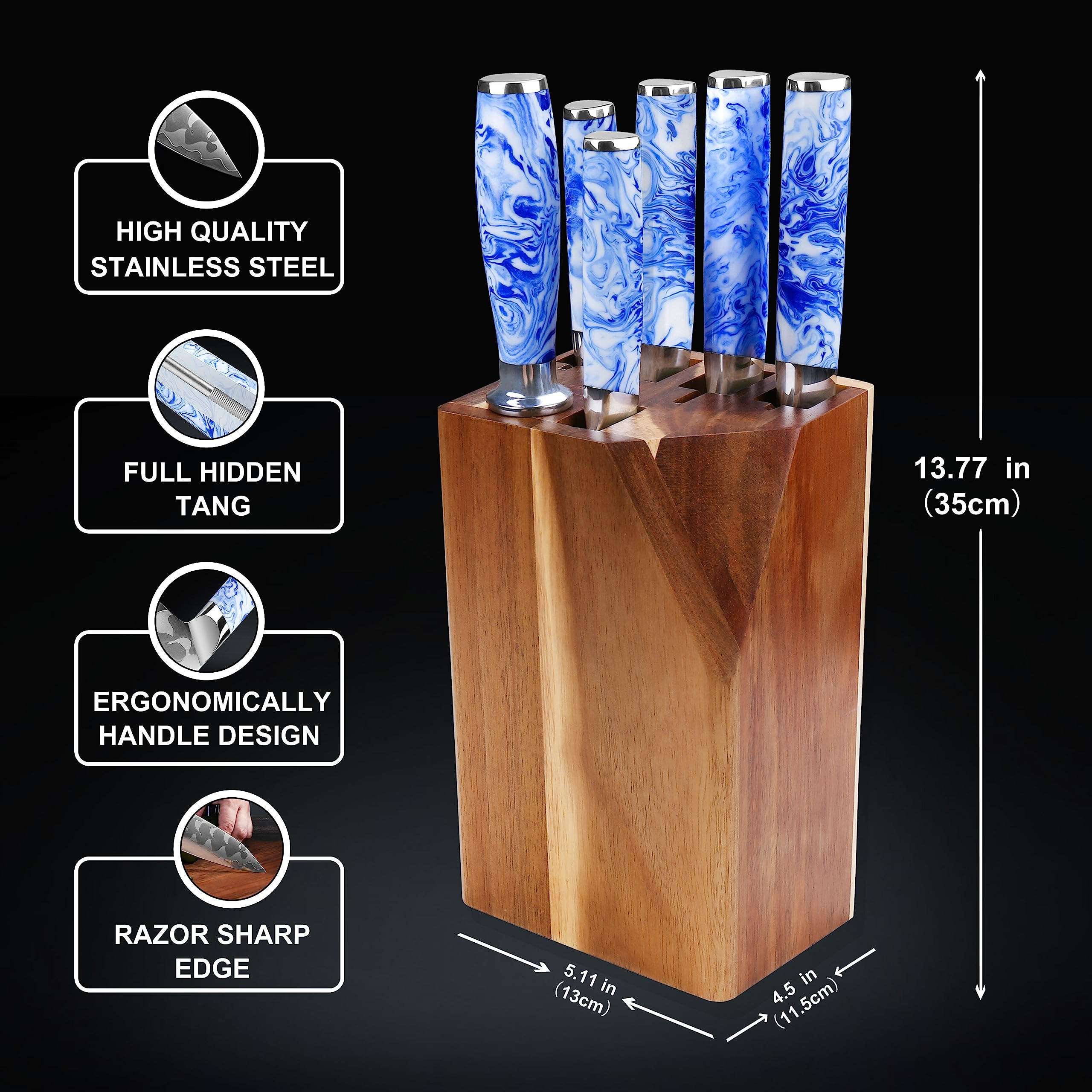 WILDMOK 7-Piece Knife Block Set, Blue and White Porcelain Pattern Resin Handle Kitchen Knives, Including Chef, Bread, Santoku, Utility and Fruit Knife Sets with Sharpener 4