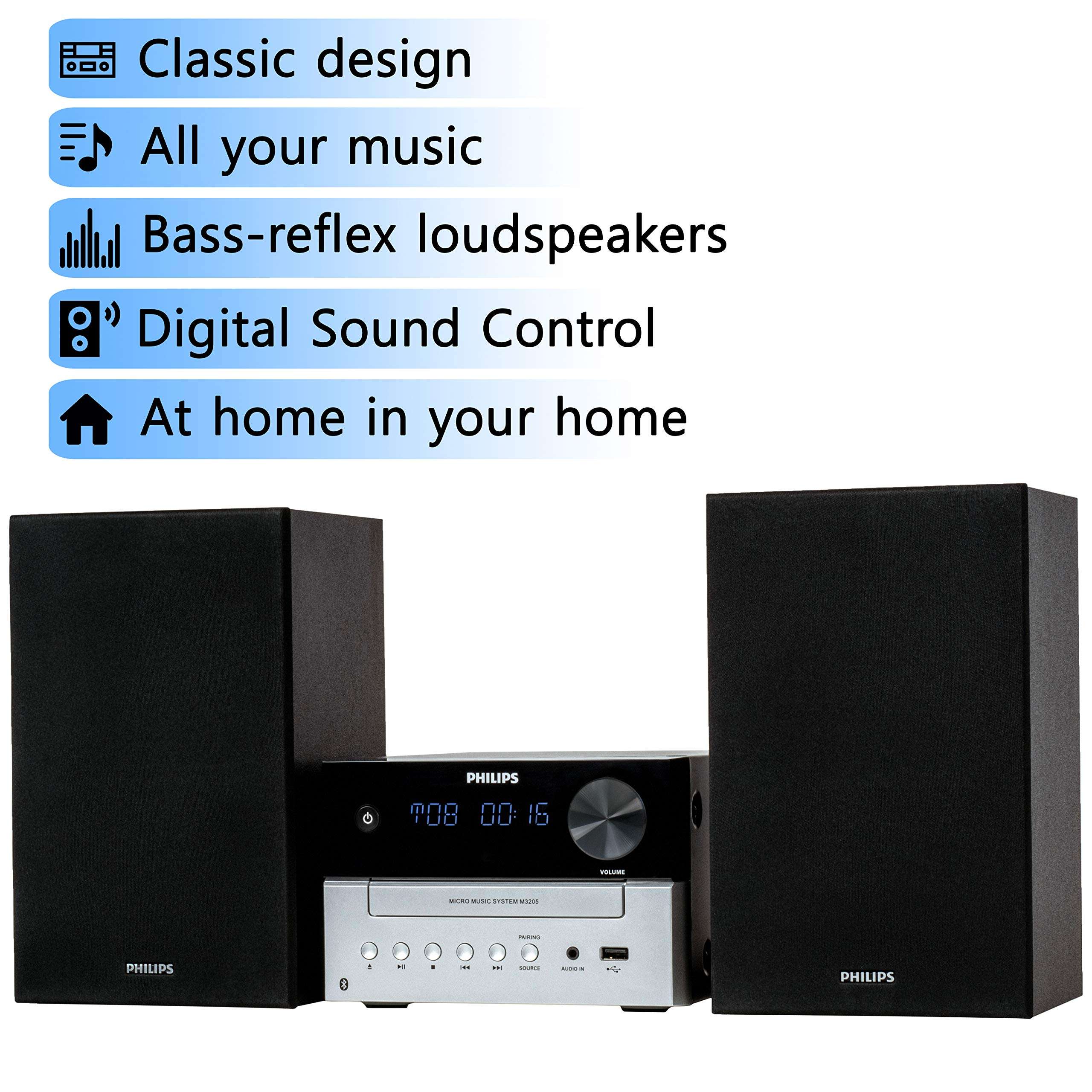 Philips Bluetooth Stereo System for Home with CD Player, Wireless Streaming, MP3, USB, Audio in, FM Radio, 15W, Micro Music Sound System 2