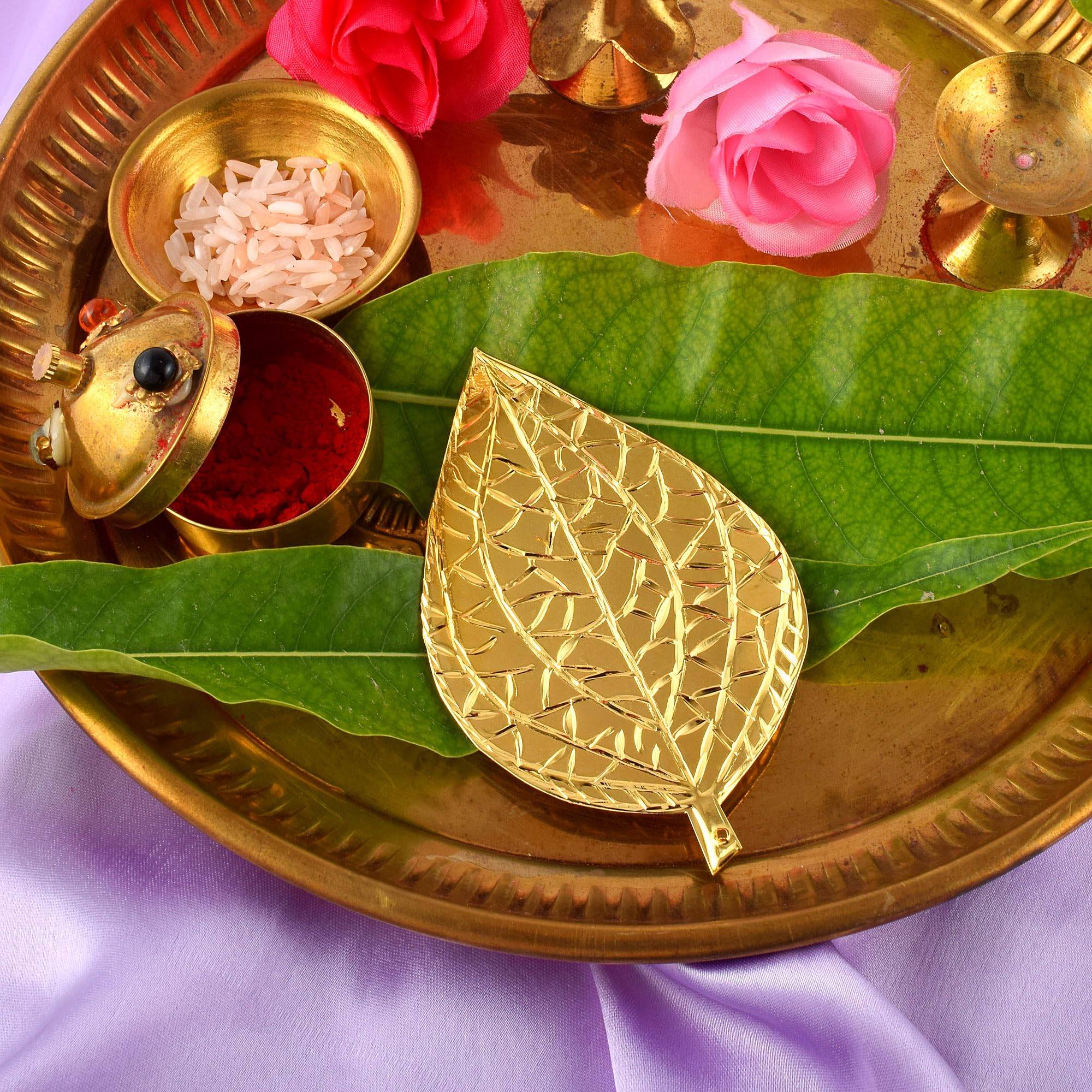Memoir Brass Gold Plated Hindu Puja Item Pan patta Home Decor Diwali Pooja Article (HDSC5250) 5