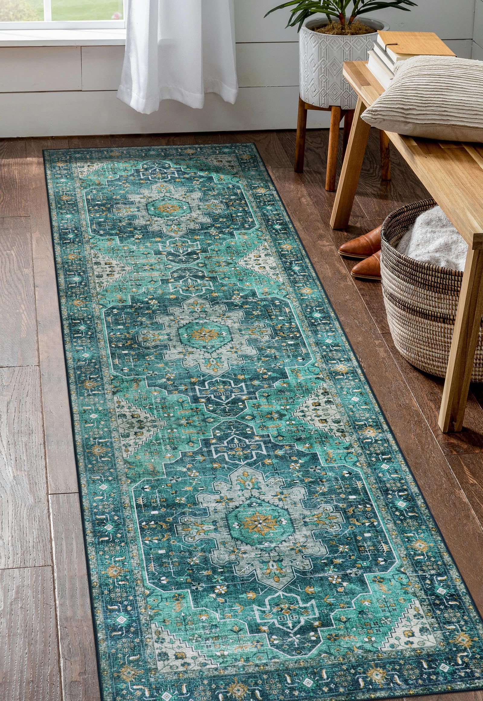 Moynesa Ultra-Thin Washable Teal Non Slip Bathroom Rug - 2x6 Laundry Room Mat, Machine Washable Non-Slip Pet Friendly Carpet Runner for Camper RV Foyer Kitchen Hallway