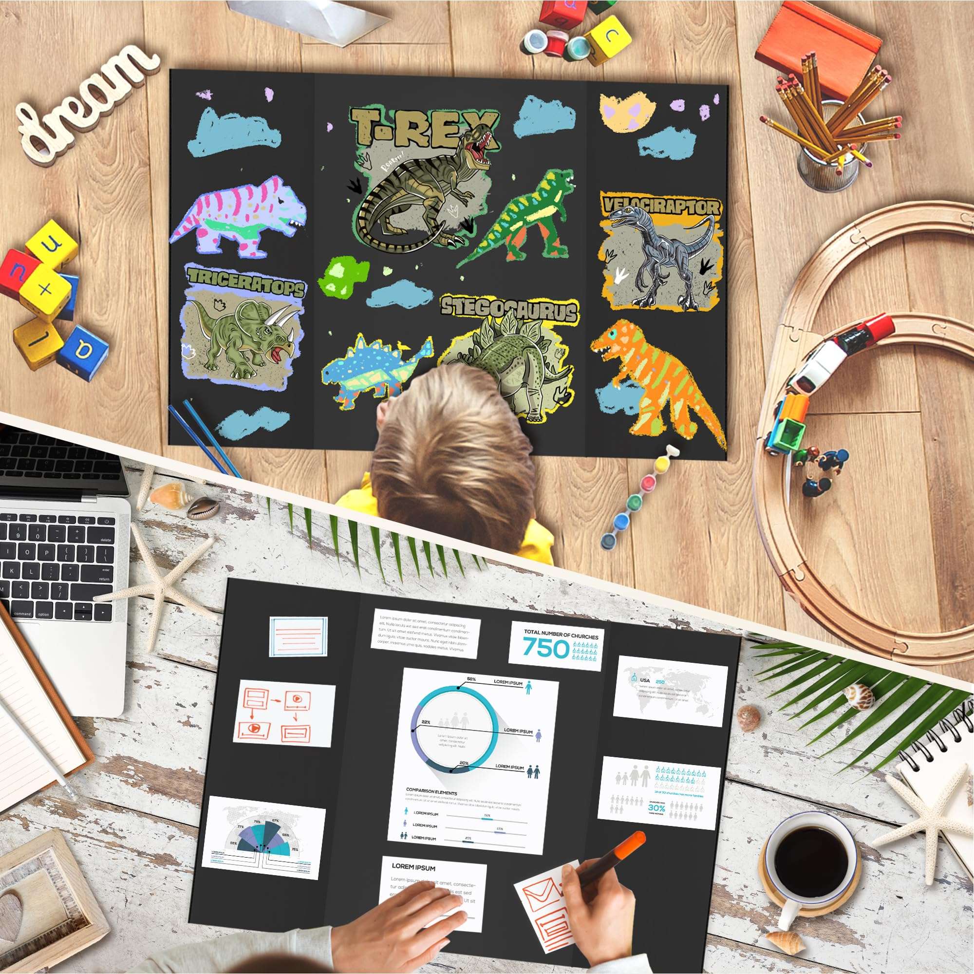 Chell Mini Size Trifold Poster Board, 16" x 24", Small Corrugated Project Boards, Black, 2 Pack 6