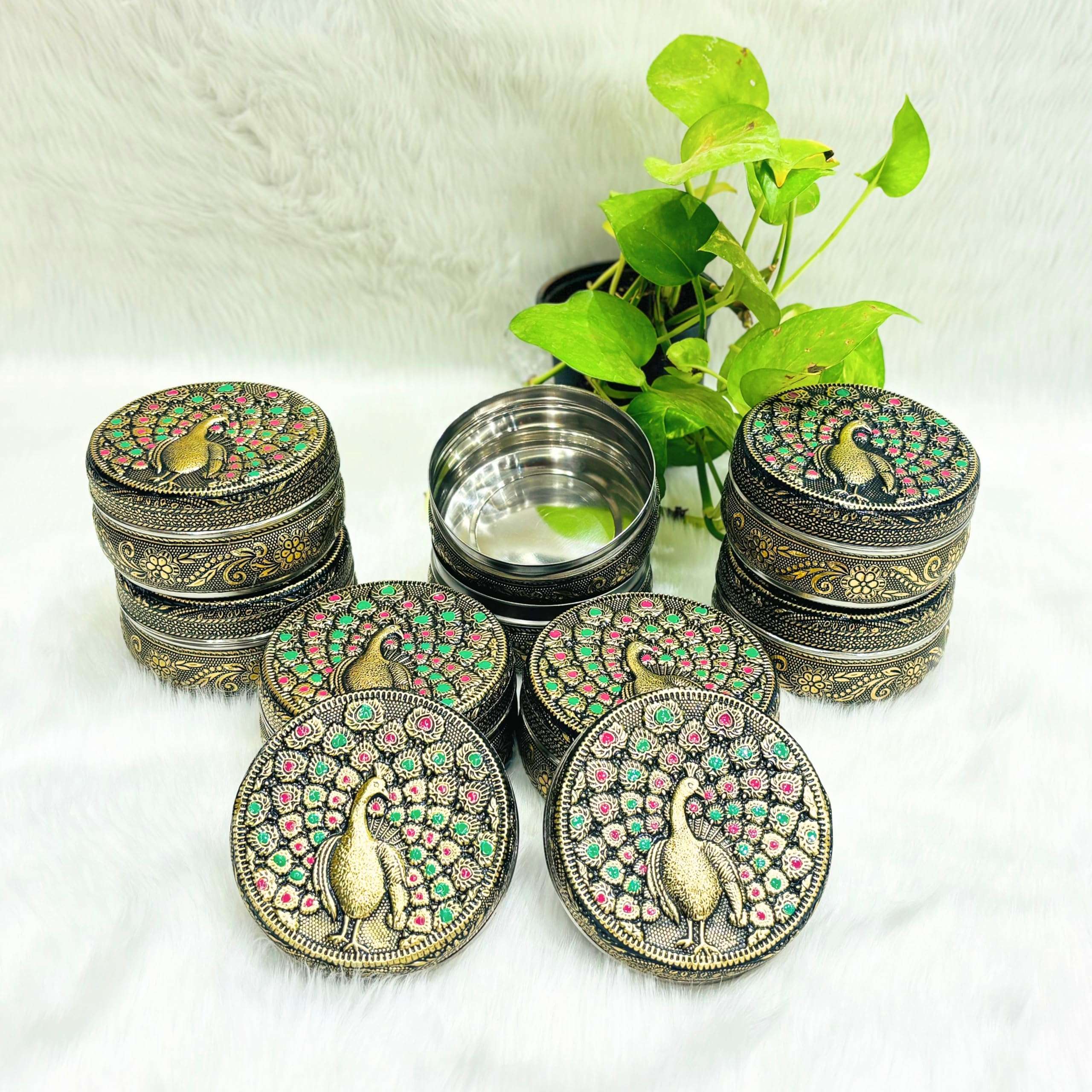 NAVRANG Stainless Steel Meenakari Container Box Chapati/Roti/Laddu/Puri Storage Box Return Gift Box, Poori Box Decorative Utensils Container (Pack of 8) 4