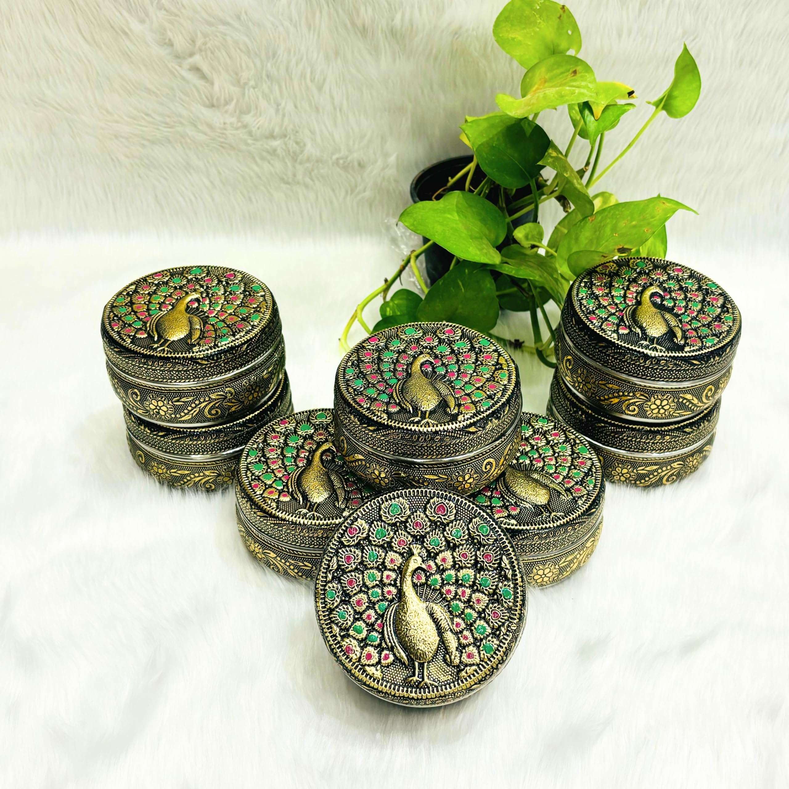 NAVRANG Stainless Steel Meenakari Container Box Chapati/Roti/Laddu/Puri Storage Box Return Gift Box, Poori Box Decorative Utensils Container (Pack of 8) 1