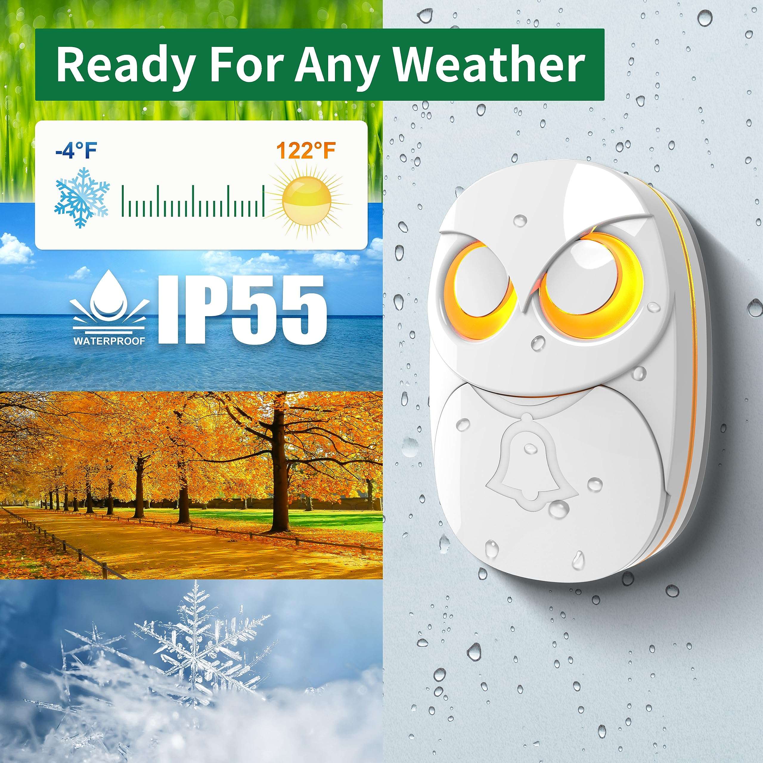 Wireless Doorbell,HTZSAFE Doorbell,1 Receiver + 2 Transmitters - White 3