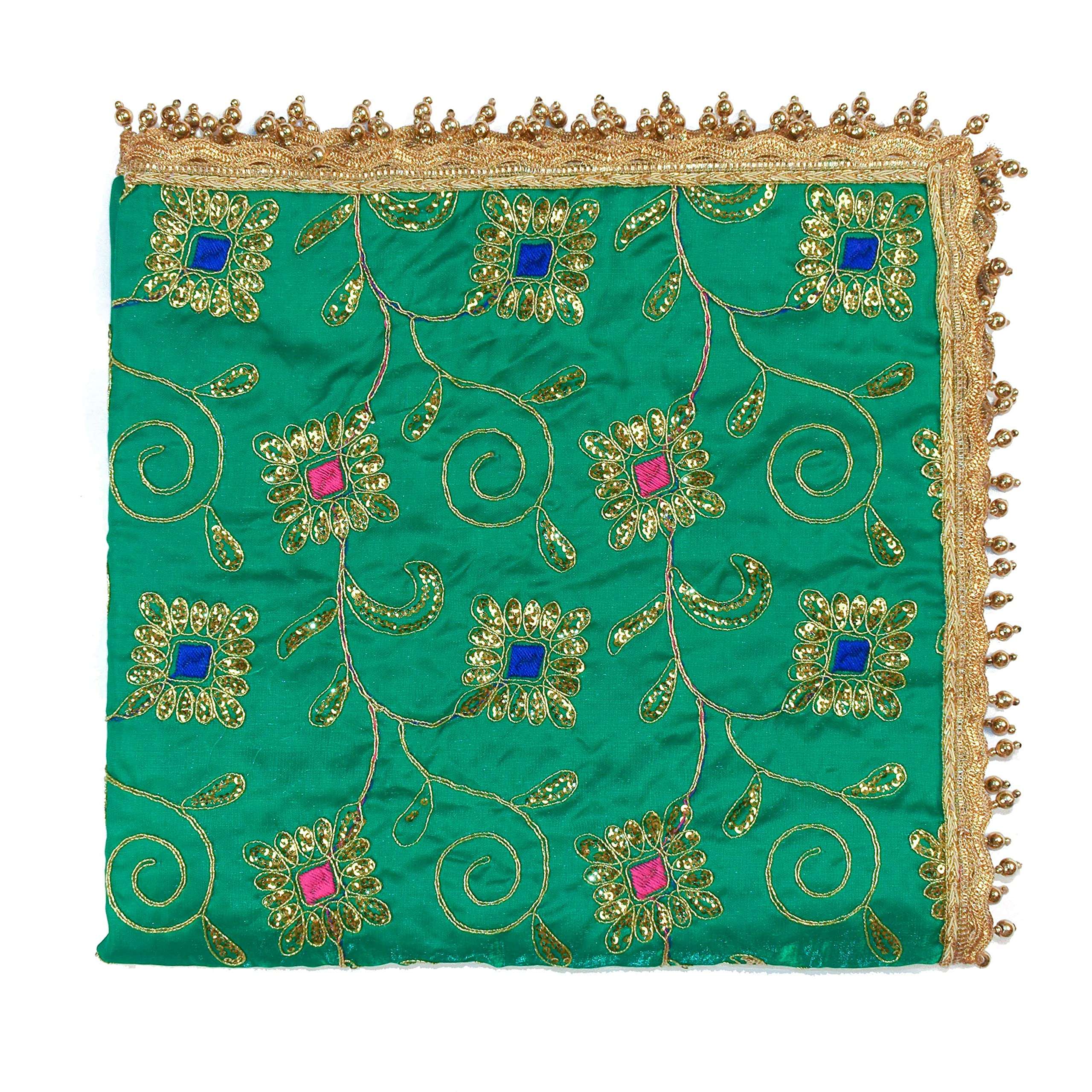 DLC 24 x 24 inch Large Multipurpose Altar Cloth, Green Puja Cloth for Decoration, Golden moti Drop Silk mat for Home Temple, Kite Pooja aasan with Heavy Work 4