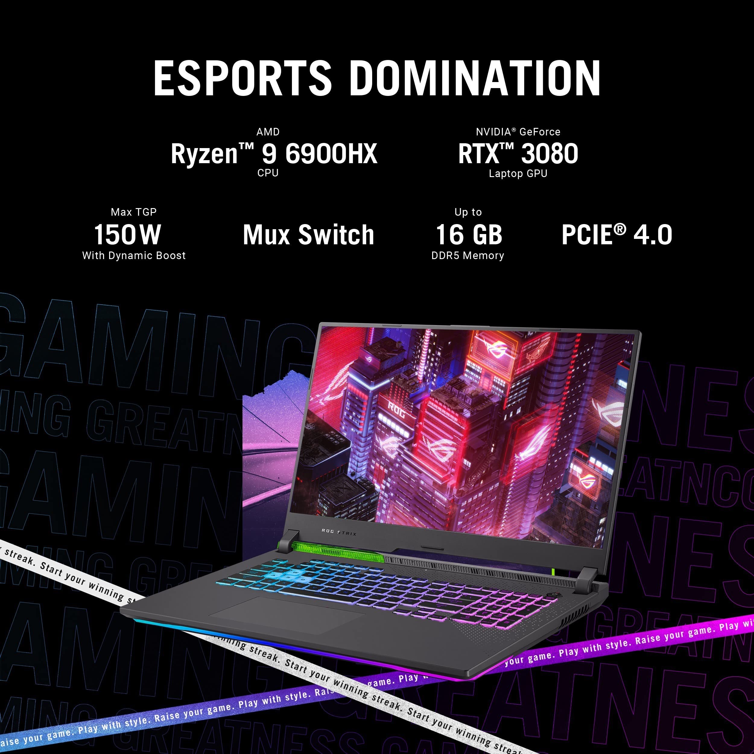 ASUS ROG Strix G17 (2022), 17.3" (43.94 cm) WQHD 240Hz/3ms, AMD Ryzen 9 6900HX, 8GB RTX 3080, Gaming Laptop (16GB/1TB SSD/90WHrs Battery/Windows 11/with Office/Green/2.90 Kg), G713RS-LL023WS 5