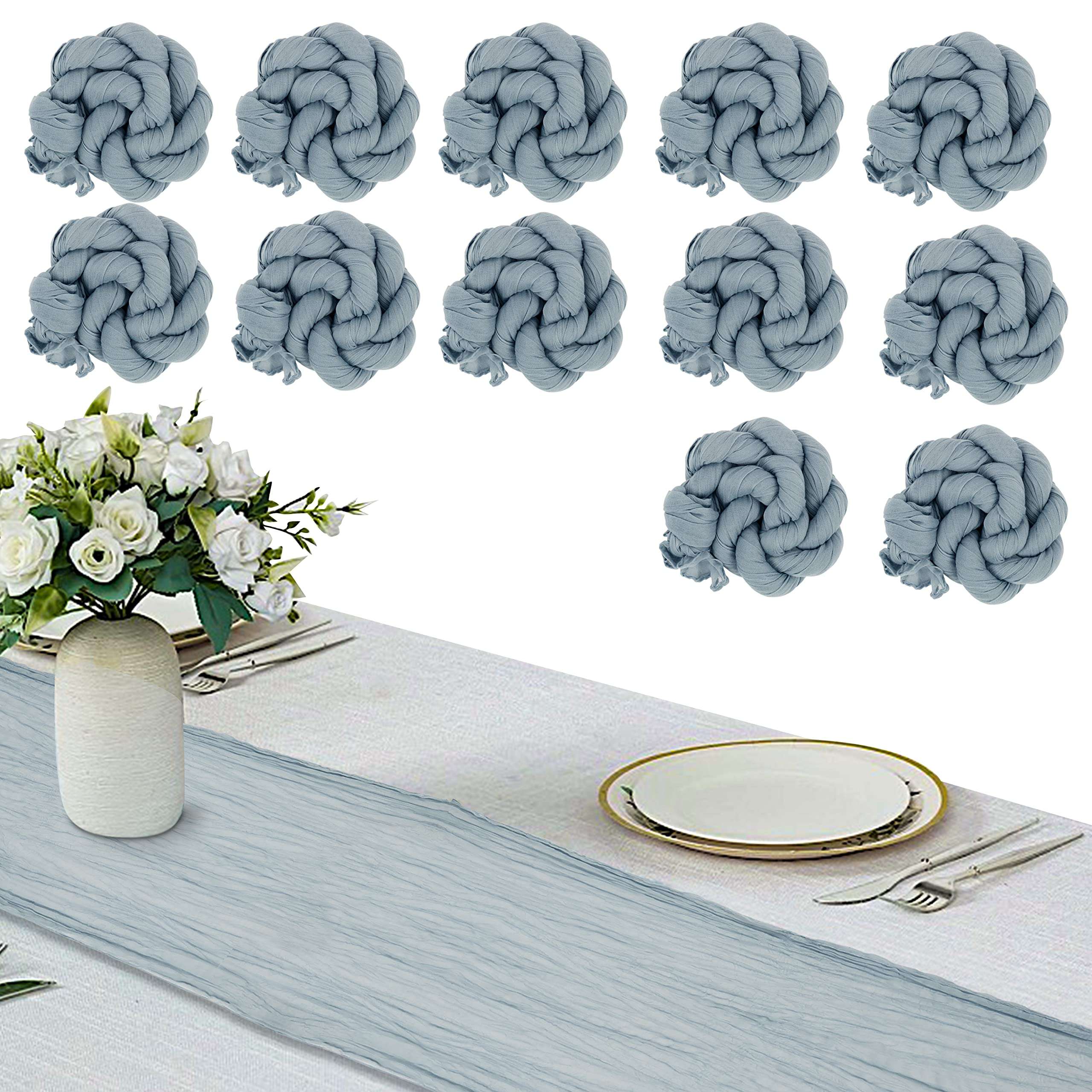 SAMUSAI Cheesecloth Table Runner Rustic Sheer Fabric & Boho Design for 8-10 Seater Long Table Decorations Ideal for Weddings, Bridal Shower, Birthday Parties Pack of 12 Dusty Blue (120”L x 35”W) 1