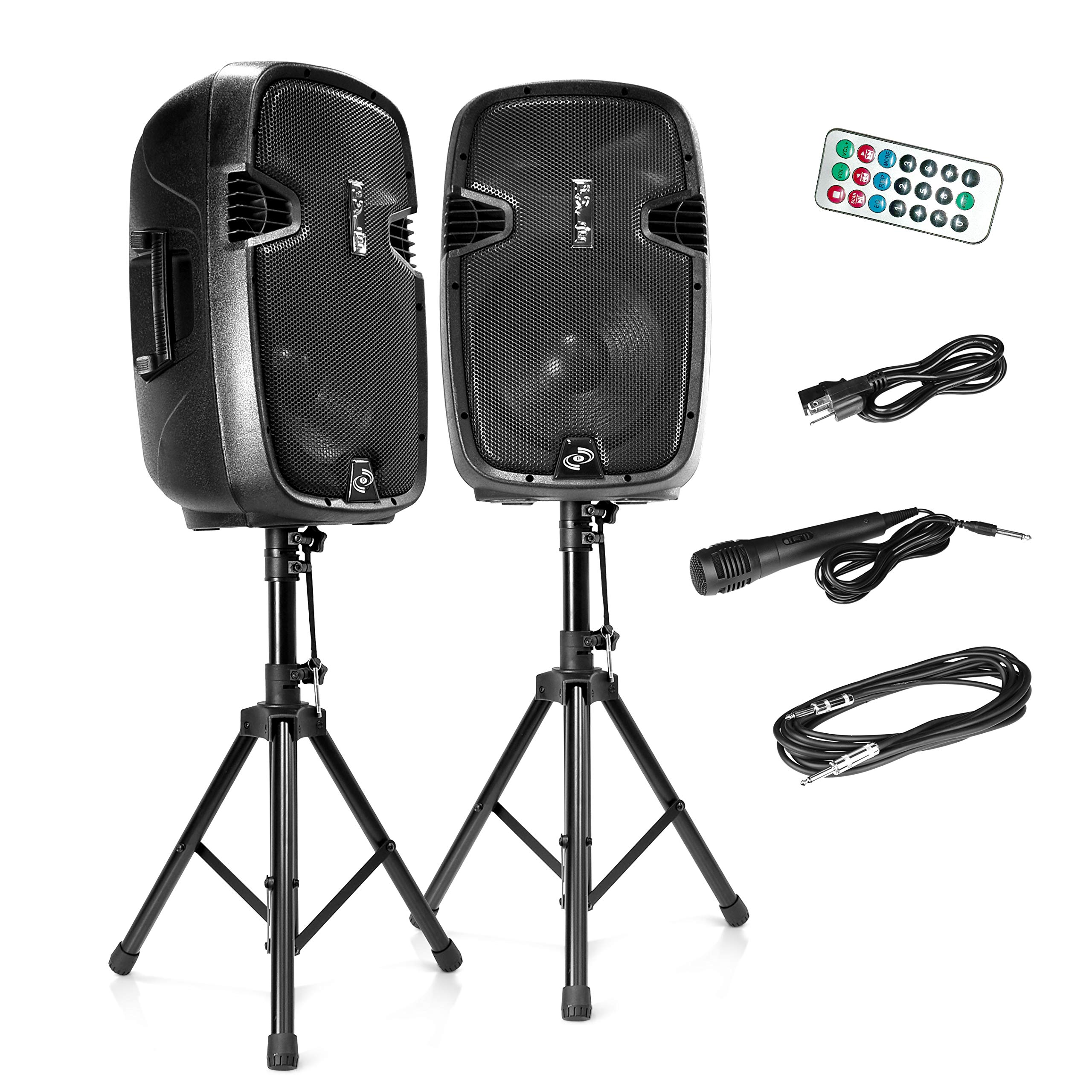 Pyle 1800W Bluetooth Wireless Portable PA System with 12" Subwoofers + Pyle 2-Channel VHF Wireless Microphone System 3
