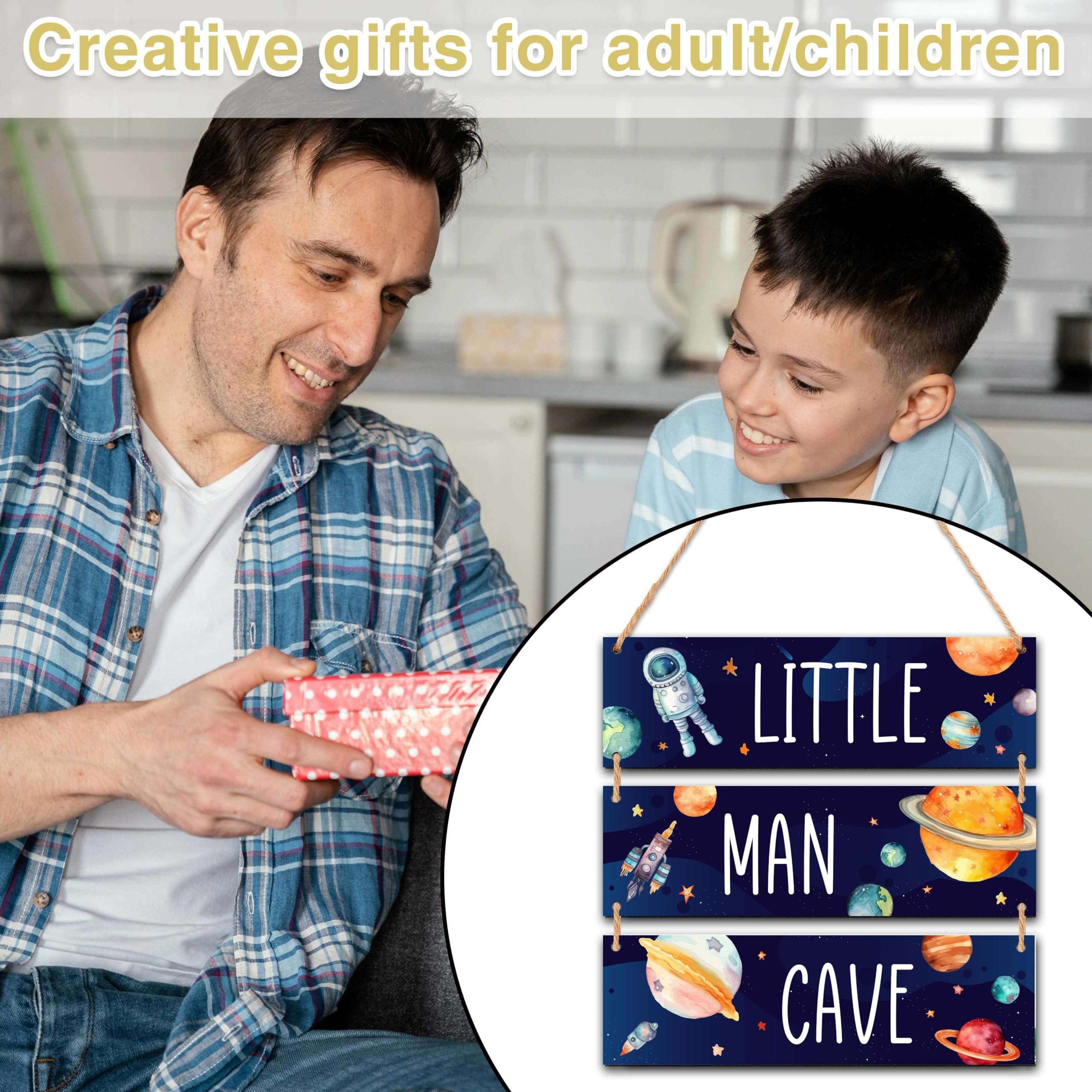 Little Man Cave, 3" x 10" Outer Space Wooden Door Sign for Bedroom Nursery Playroom Decor, Teen Boy Gifts for Son Game Lover, Gaming Wall Art - A07 6