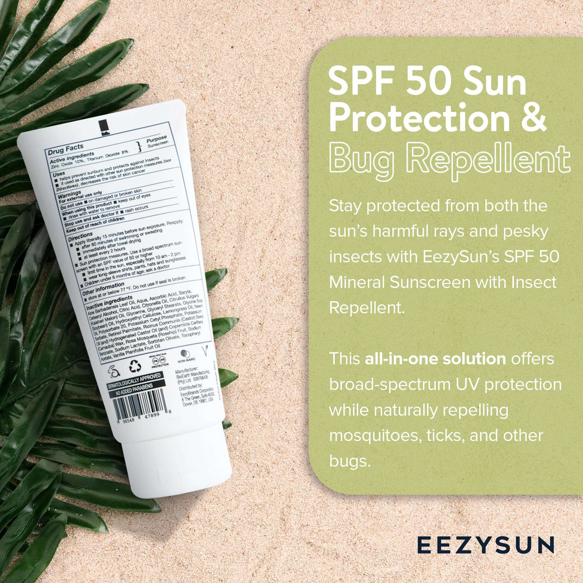 EEZYSUN SPF 50 Sunscreen and Insect Repellent - Water-Resistant Sunscreen Travel Size & Bug Repellent with Citronella Oil, Lemongrass, and Neem Oil - Reef-Safe Bug Repellent Outdoor - 3.3 fl oz 3