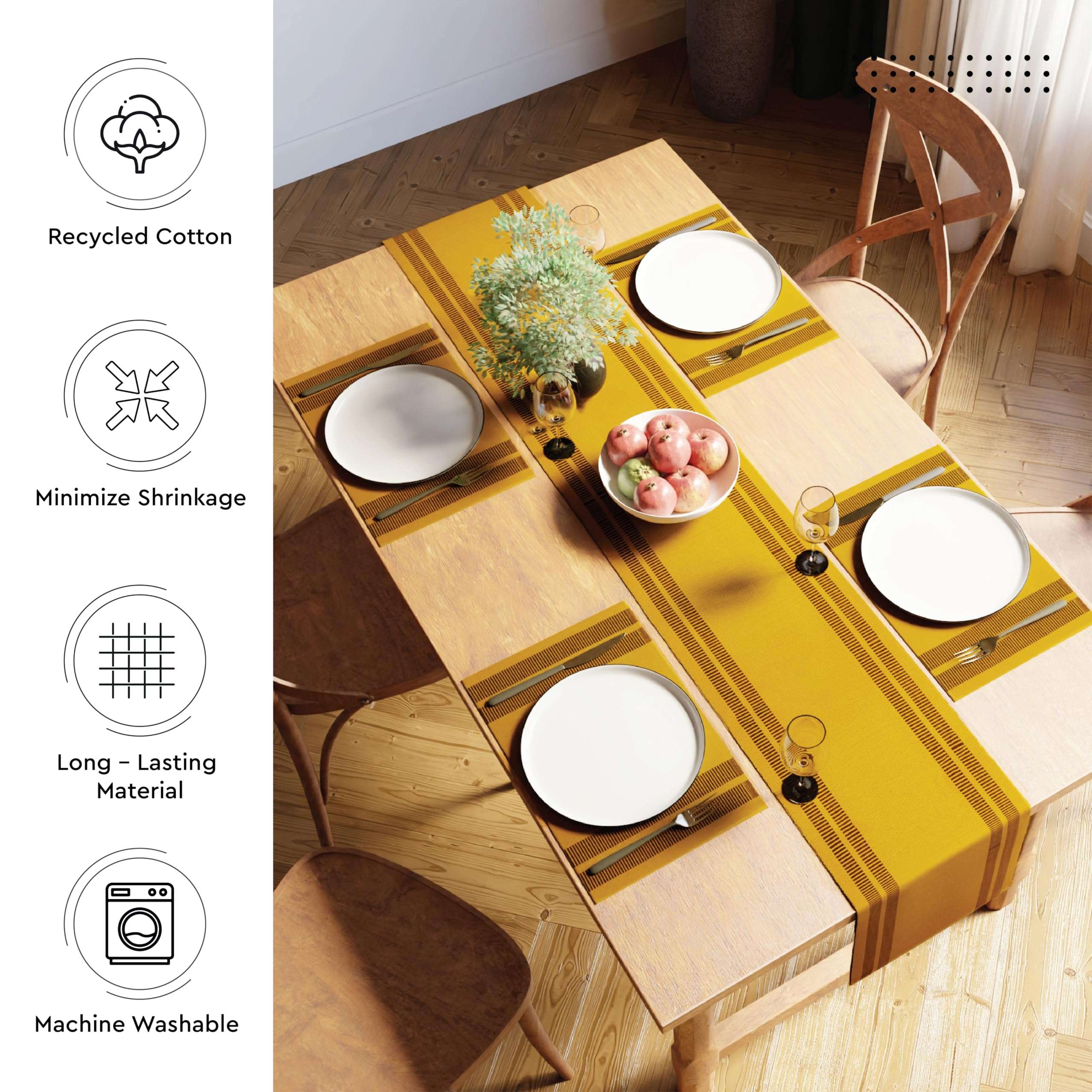 Encasa XO Dining Table Runner for 4 to 6 Seater| Yarn Dyed Fine Ribbed Cotton | Size 32x183 cm | Ladder Yellow | Machine Washable 4