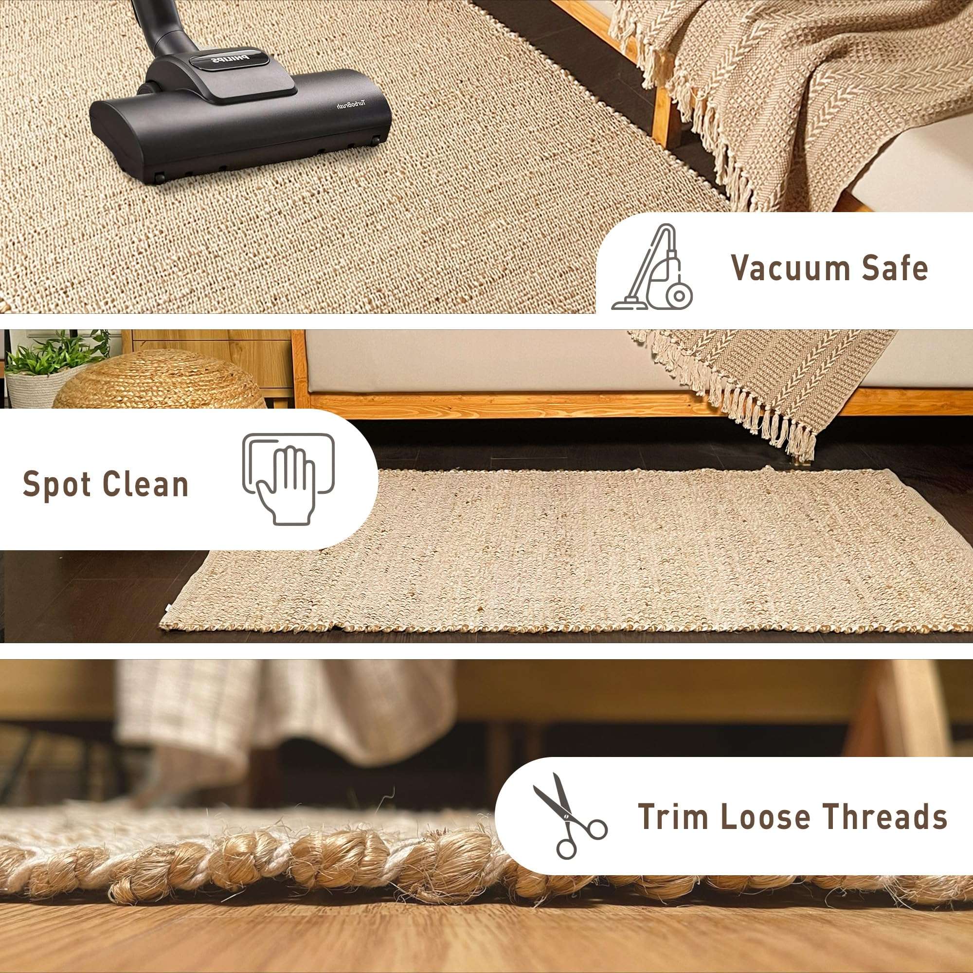 Chardin home 2x5 Jute Cotton Hand Woven Runner Rug, Natural Jute Braided Hallway mat, Boho, Rustic, Farmhouse, Vintage, Reversible Natural Fiber Rugs for Bedroom, Living Room, Kitchen,entryway 4