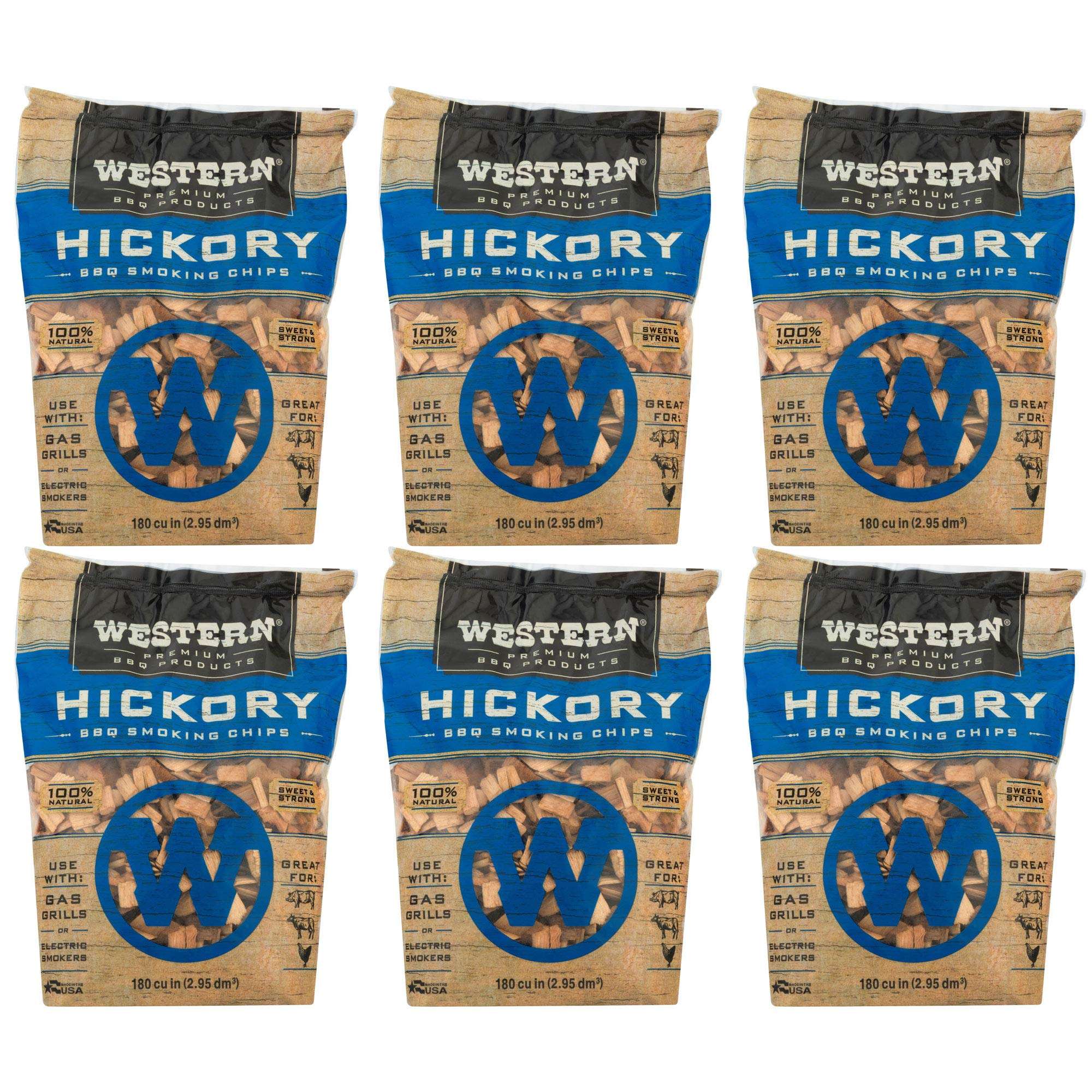 Western Premium BBQ 180 Cubic Inch Hickory Barbecue Flavorful Heat Treated Grilling Smoking Wood Chips for Charcoal Gas and Electric Grills (6 Pack) 1