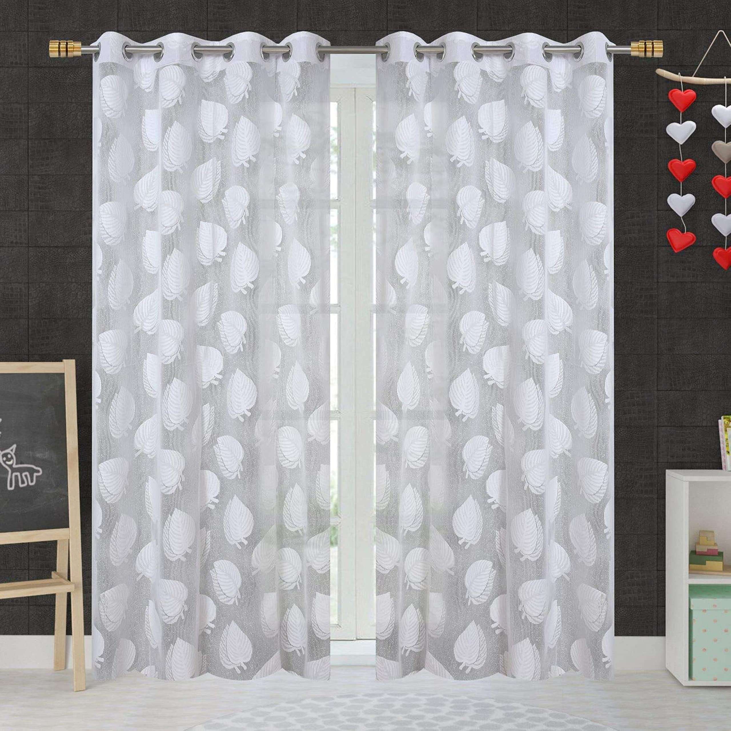 HOME UTSAV 2 Piece Transparent Sheer Leaf Net Curtains for Long Door 8 Feet, White 3