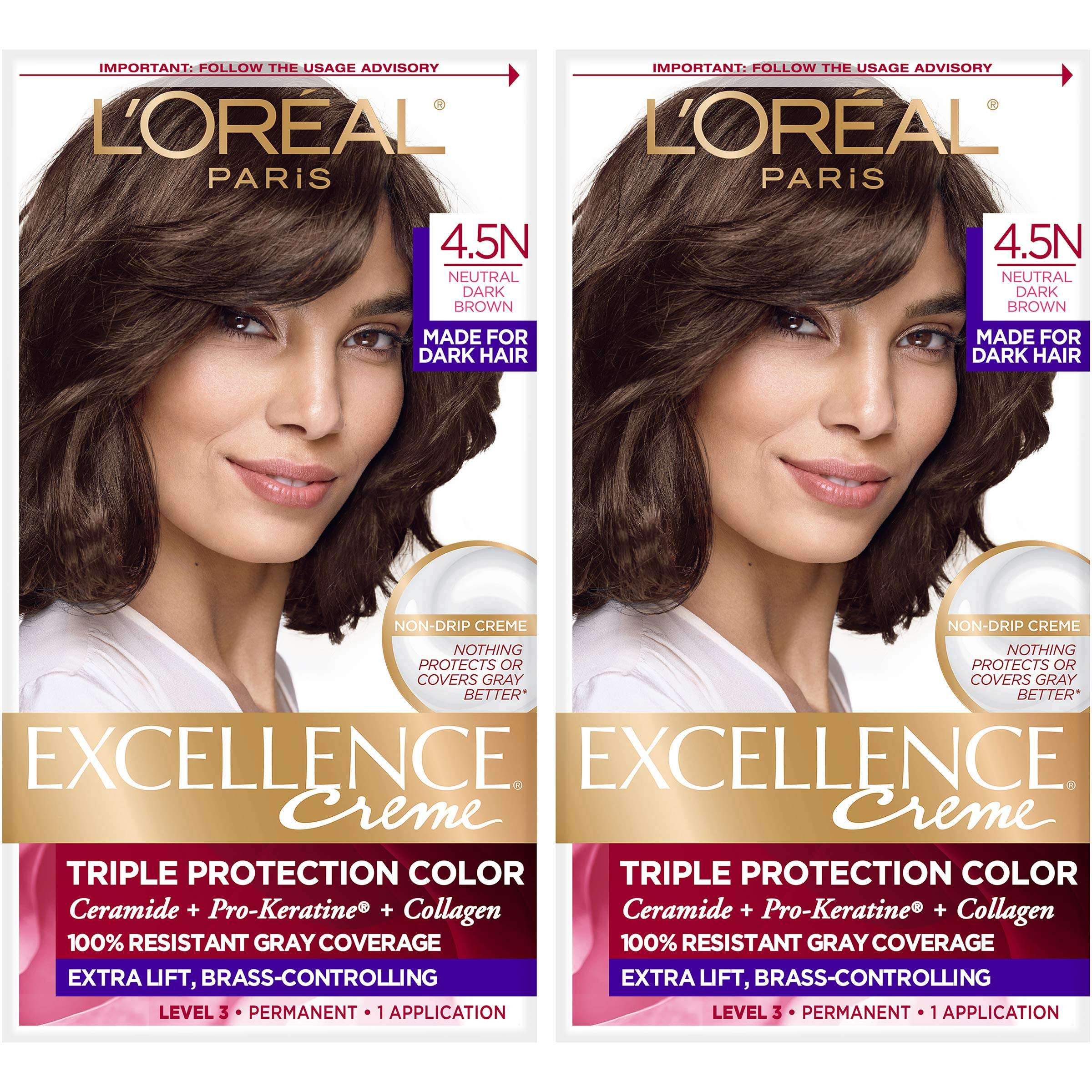 L'Oreal Paris Excellence Creme Permanent Hair Color, 4.5N Dark Neutral Brown, 100 percent Gray Coverage Hair Dye, Pack of 2 1