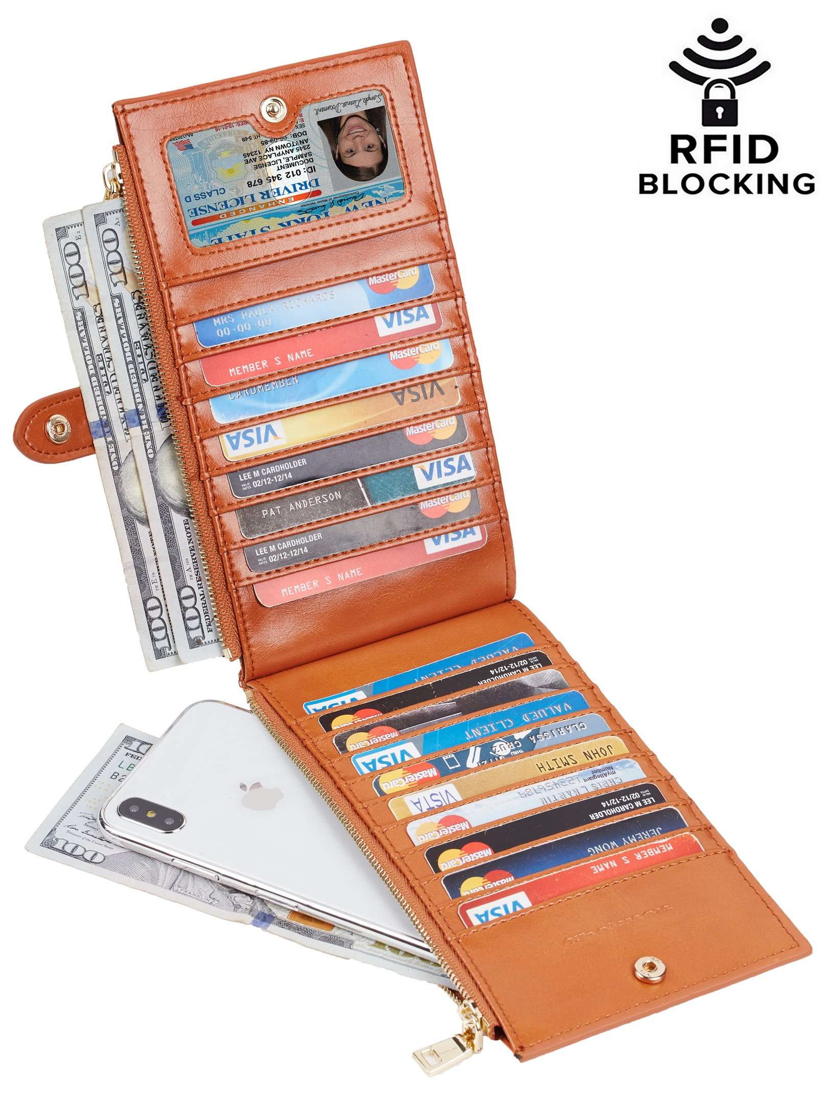 Chelmon Womens Genuine Leather Wallet RFID Blocking Credit Card Holder Zipper Purse(isabella brown) 3