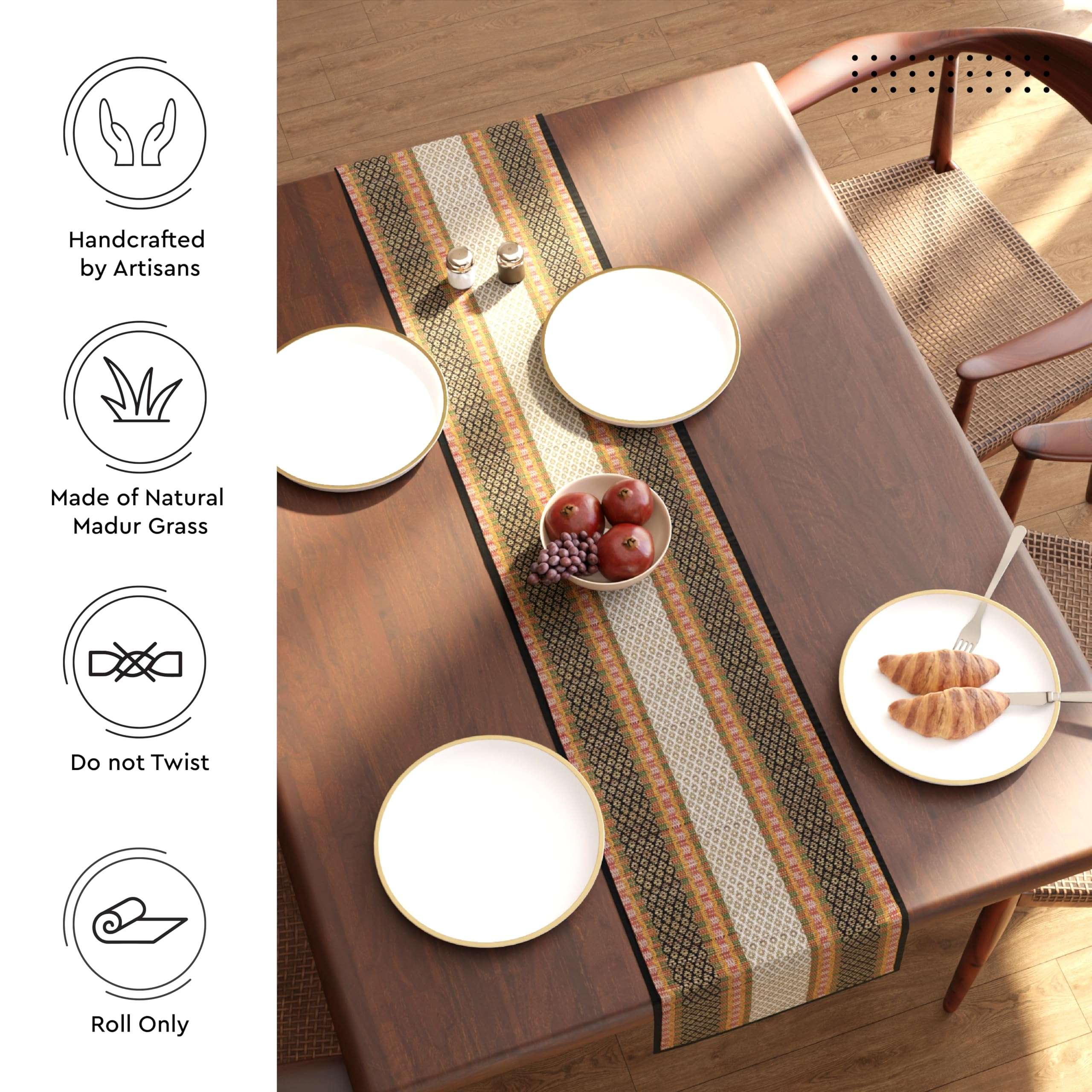 Encasa XO Handcrafted Madurkathi River Grass Table Runner 4 Seater Heat Resistant Table Runner for Dining – 32x150 cm, Black 6