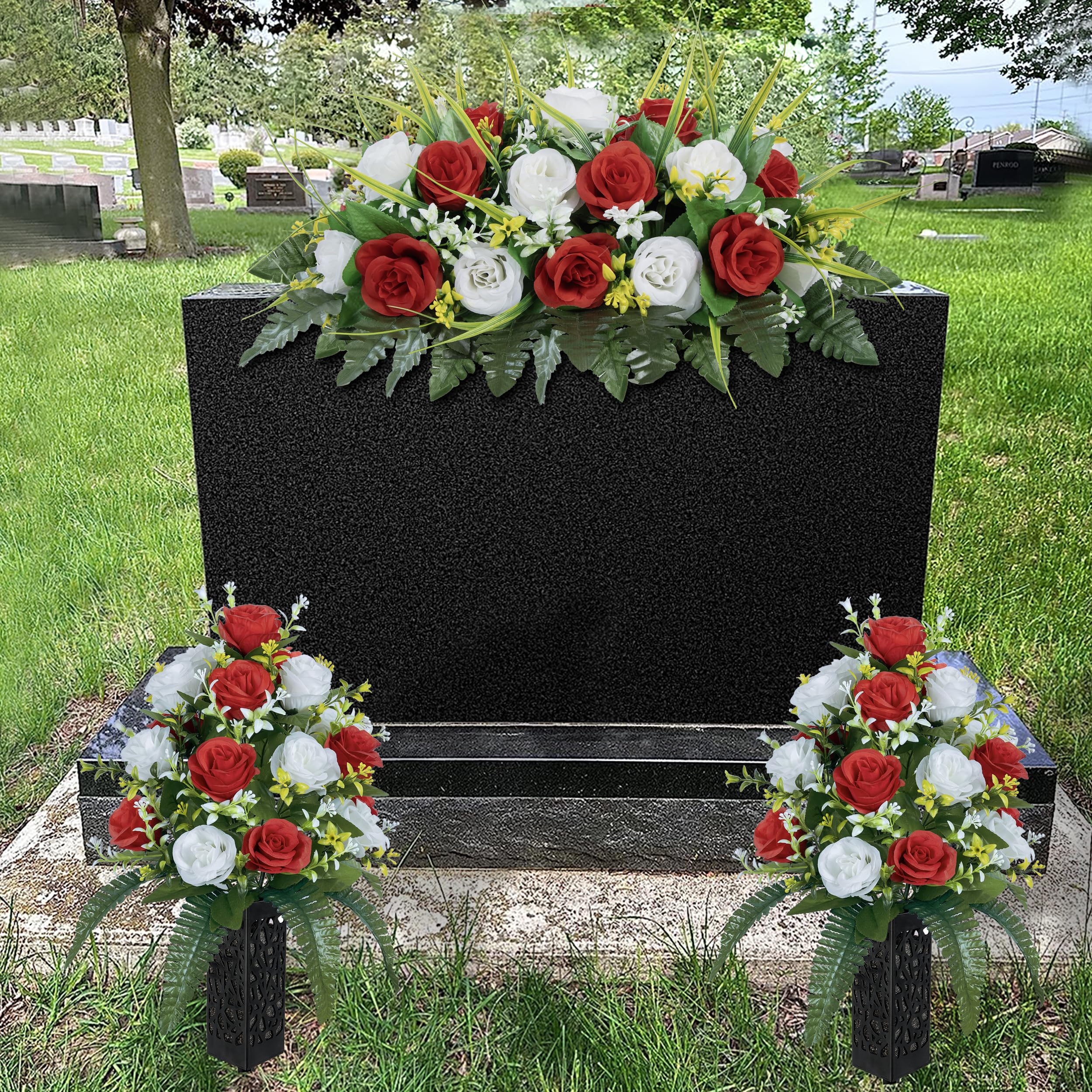 DONODA Cemetery Tombstone Red and White Saddle and 2 Sets of Artificial Cemetery Flowers Suit 4