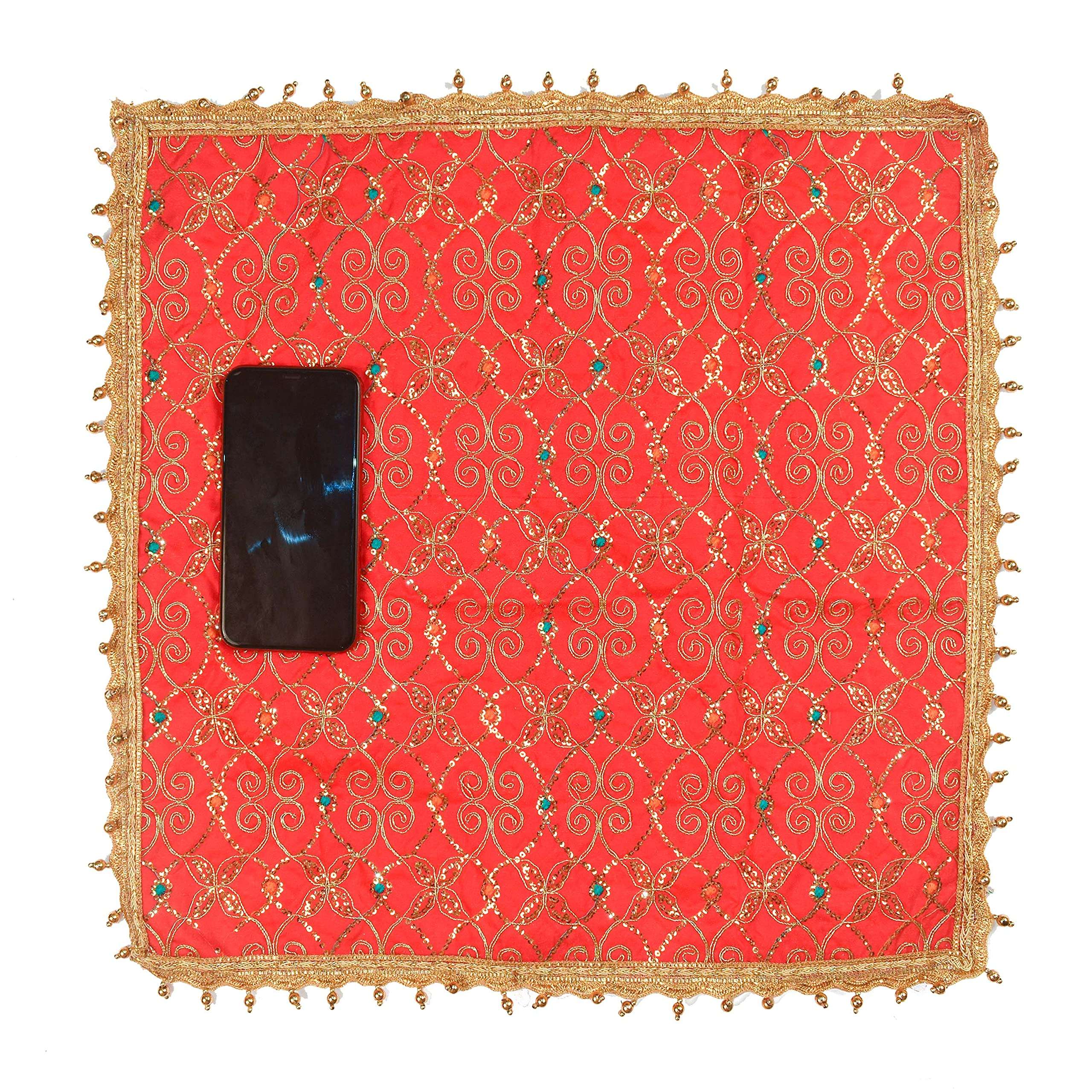 DLC 24 x 24 inch Large Multipurpose Altar Cloth, Red Puja Cloth for decoration, Golden moti drop Silk mat for home temple, Ornamental Pooja aasan with heavy work 3