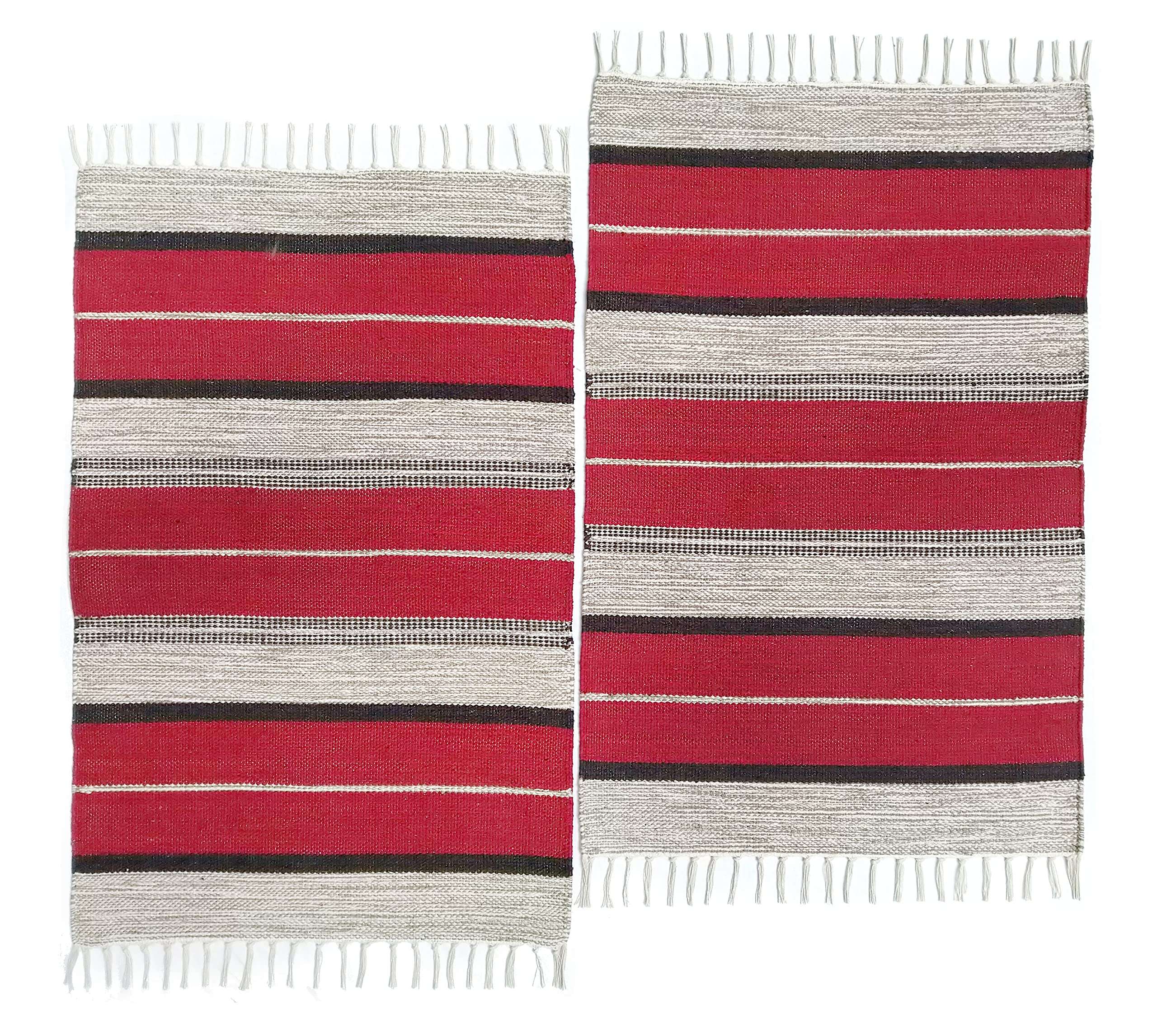 House2Home – 100% Cotton Door Mat, Stripe Design | 3 Color Combination | Best Used as Door Mat, Tabletop, Food mat, Pooja Room, Gift | 50x80cm - 2Pc. Combo (Red) 1