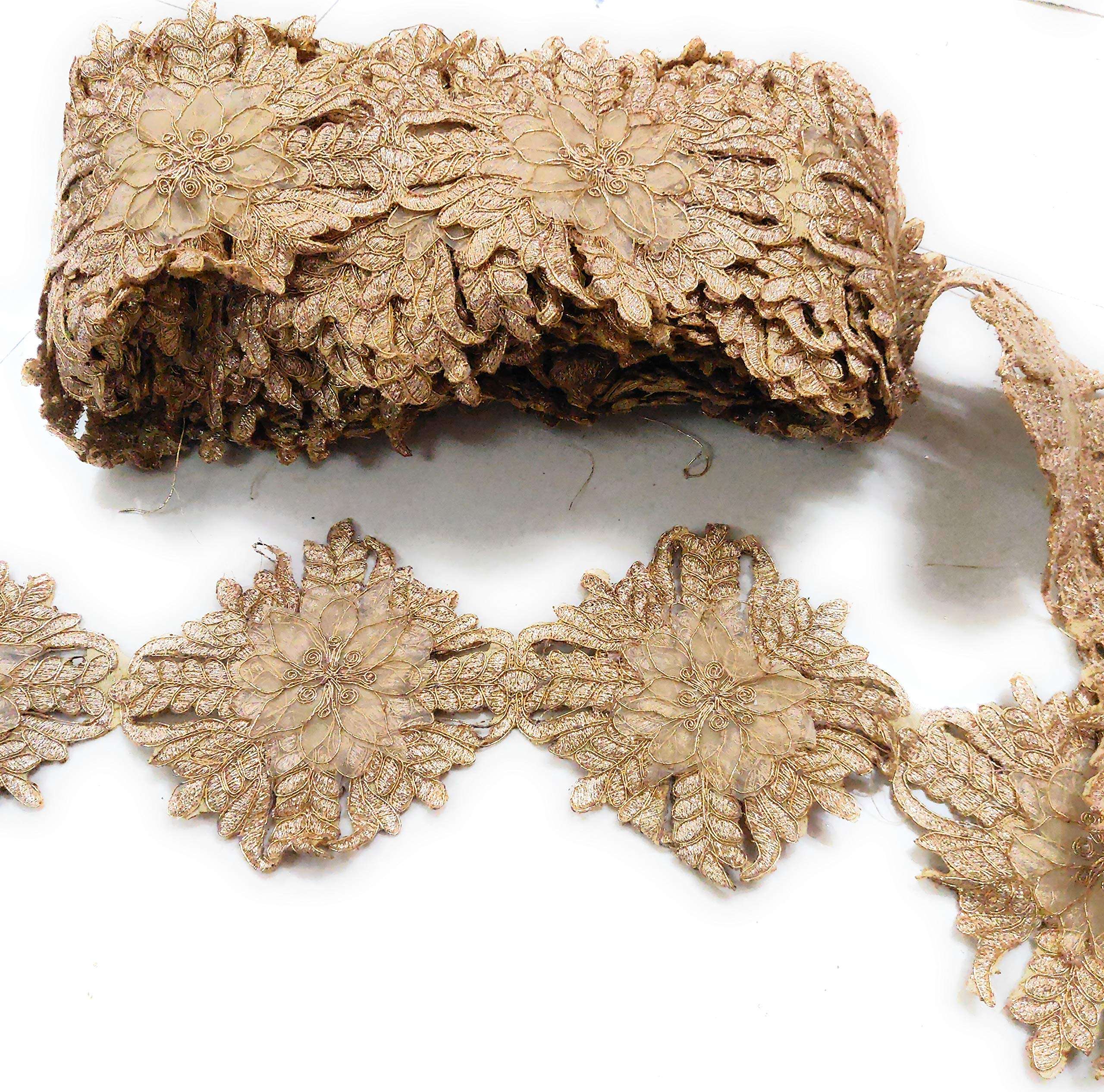 Fressia Fabrics Embroidered Golden Border Lace for DIY Craft Boutique and Dress Material Saree Hobby, 2 Meter,Gold 1