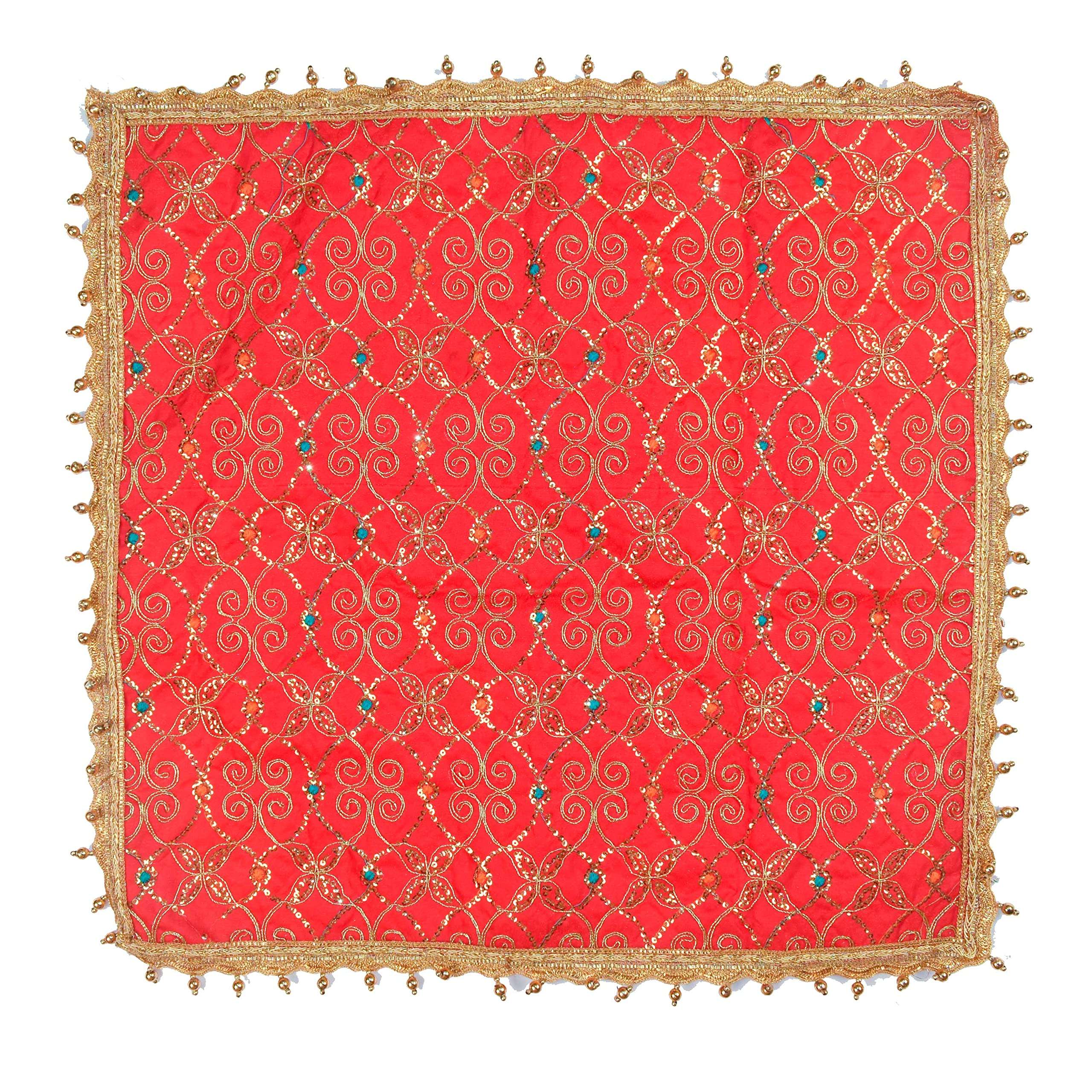 DLC 24 x 24 inch Large Multipurpose Altar Cloth, Red Puja Cloth for decoration, Golden moti drop Silk mat for home temple, Ornamental Pooja aasan with heavy work 1