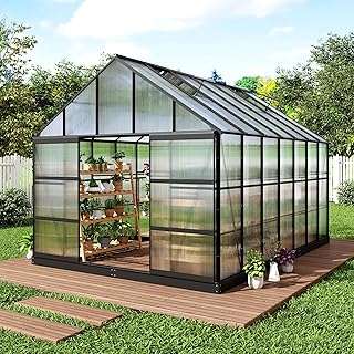 Yardsight 10x14 FT Greenhouse for Outdoors,Quick Setup Polycarbonate Greenhouse with Roof Vent,Walk-in Large Aluminum Green House with Sliding Door for Patio Garden (Black, 10x14 FT) 1