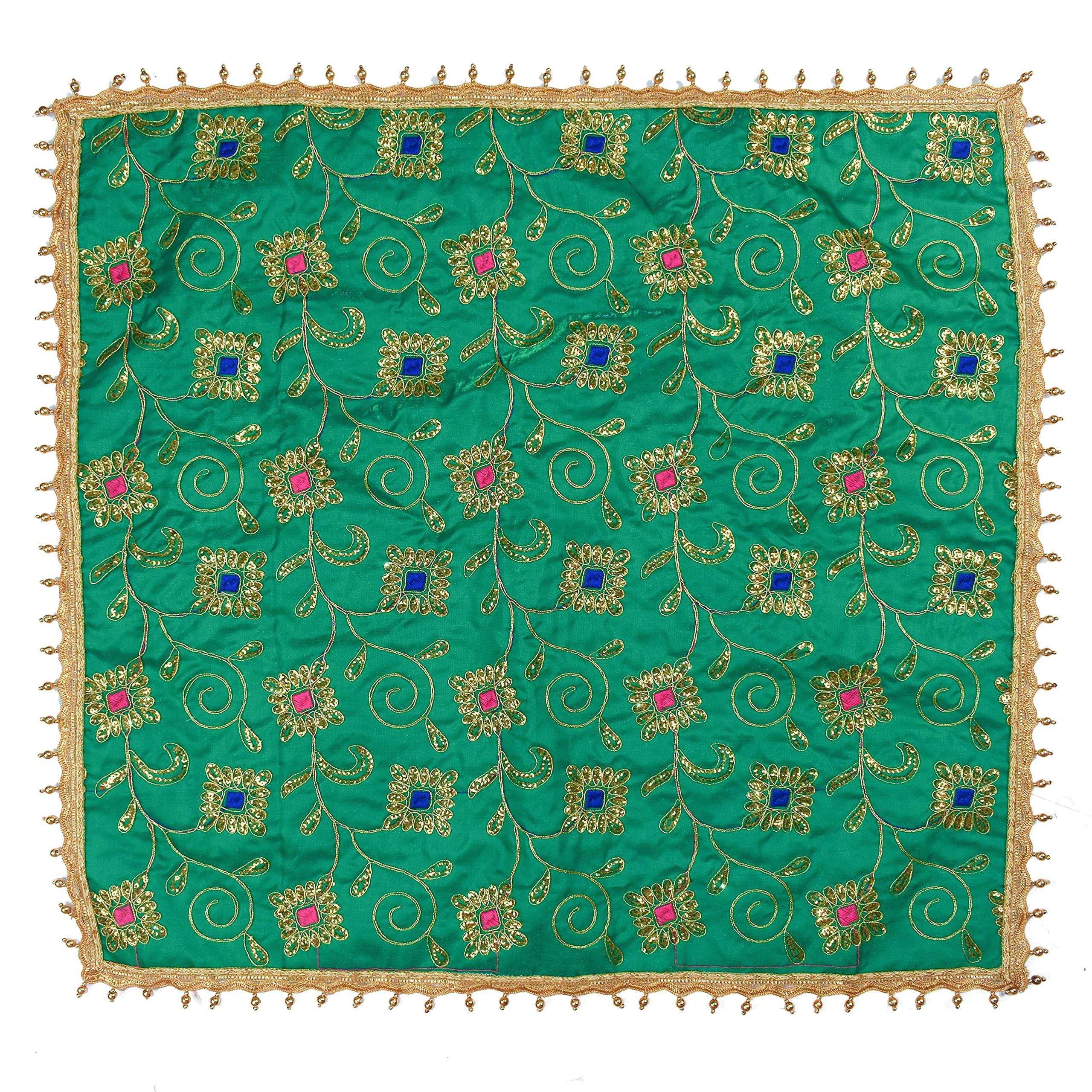 DLC 24 x 24 inch Large Multipurpose Altar Cloth, Green Puja Cloth for Decoration, Golden moti Drop Silk mat for Home Temple, Kite Pooja aasan with Heavy Work 3