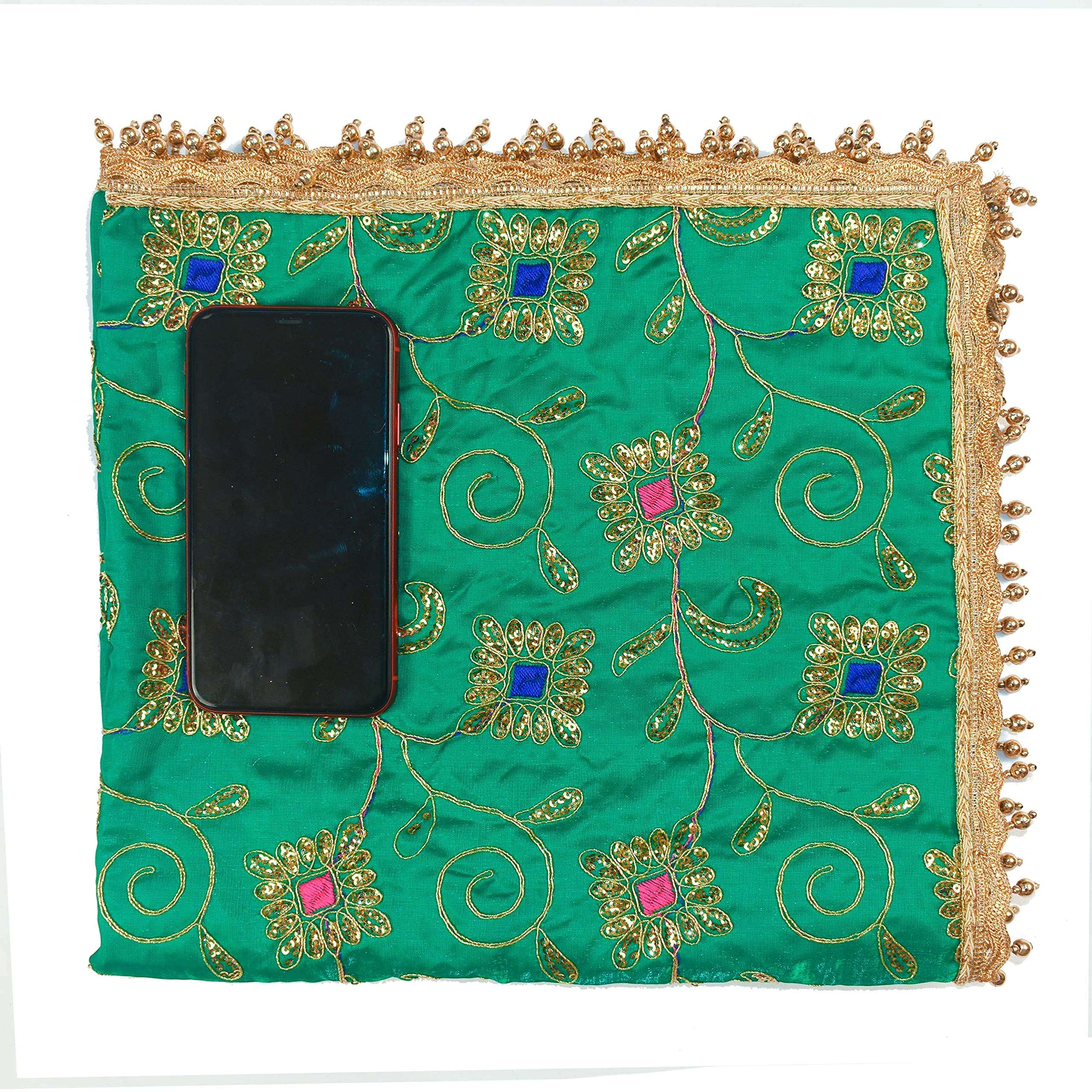 DLC 24 x 24 inch Large Multipurpose Altar Cloth, Green Puja Cloth for Decoration, Golden moti Drop Silk mat for Home Temple, Kite Pooja aasan with Heavy Work 5