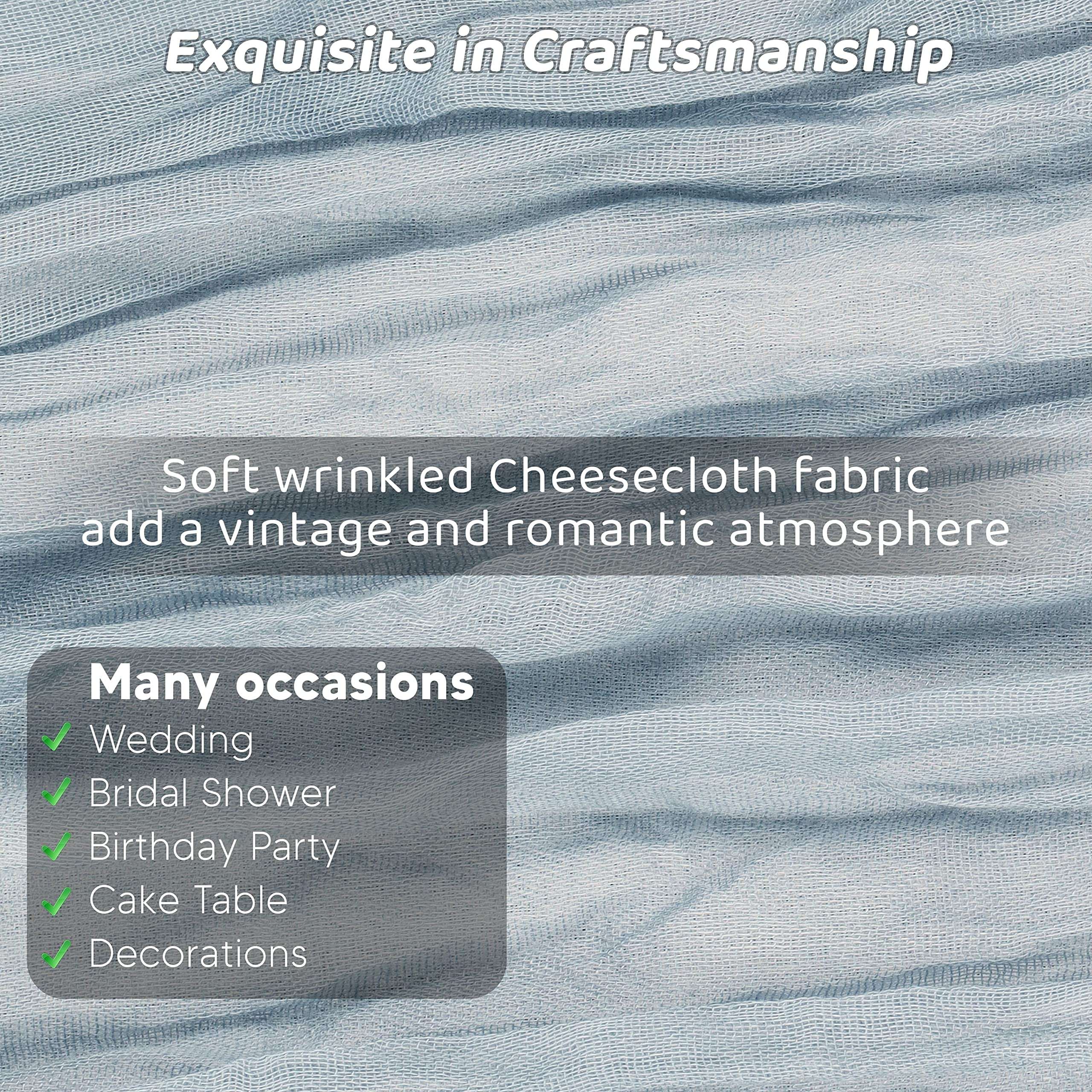 SAMUSAI Cheesecloth Table Runner Rustic Sheer Fabric & Boho Design for 8-10 Seater Long Table Decorations Ideal for Weddings, Bridal Shower, Birthday Parties Pack of 12 Dusty Blue (120”L x 35”W) 5