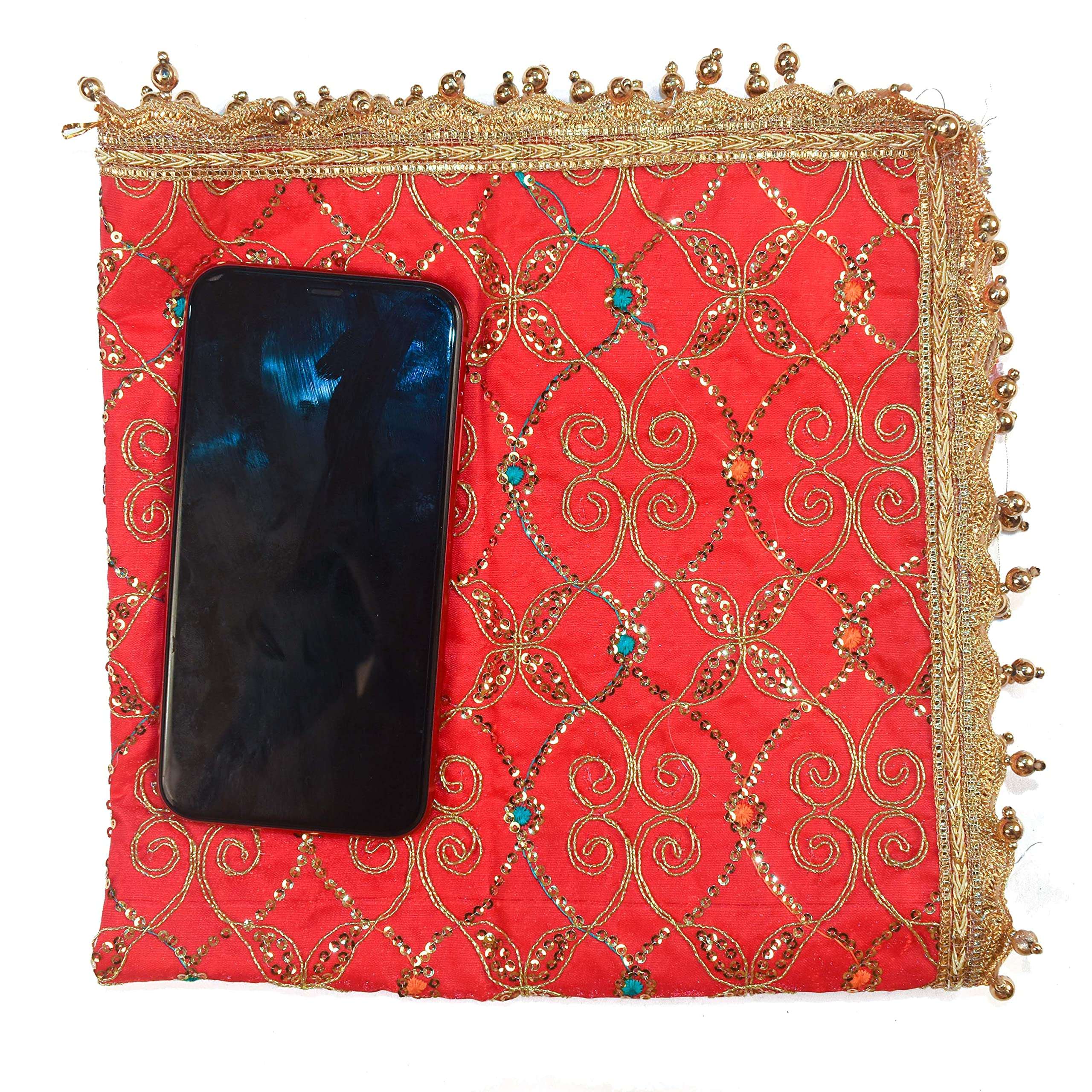 DLC 24 x 24 inch Large Multipurpose Altar Cloth, Red Puja Cloth for decoration, Golden moti drop Silk mat for home temple, Ornamental Pooja aasan with heavy work 5