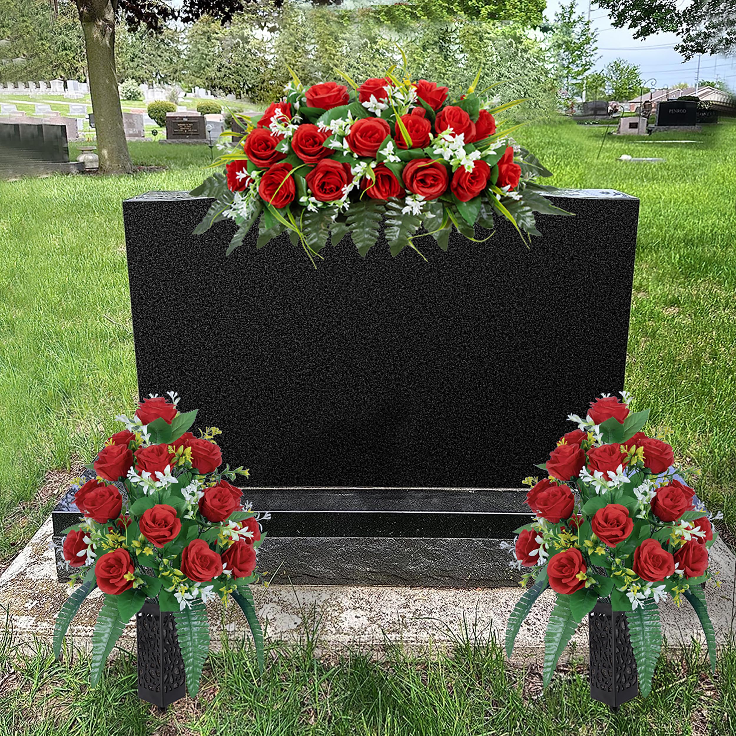 DONODA Cemetery Tombstone red Saddle and 2 Sets of Artificial Cemetery Flowers Suit 3