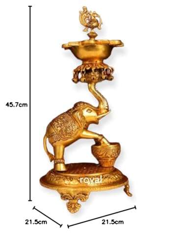 IYI MERCHANT Brass Elephant Diya Stand | Golden Color Elephant Statue Brass Diya Stand for 5 Wicks | Peacock Diya on Dancing Elephant | LxWXH - 21.5x21.5x45.7 cm, Wt. - 7 Kg 5
